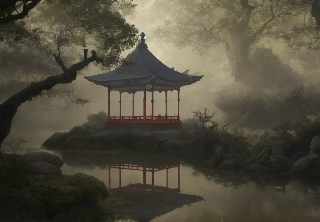 Old pavilion, gray-black tiles, dark red pillars. Large fish float in the water, and owls stand on branches