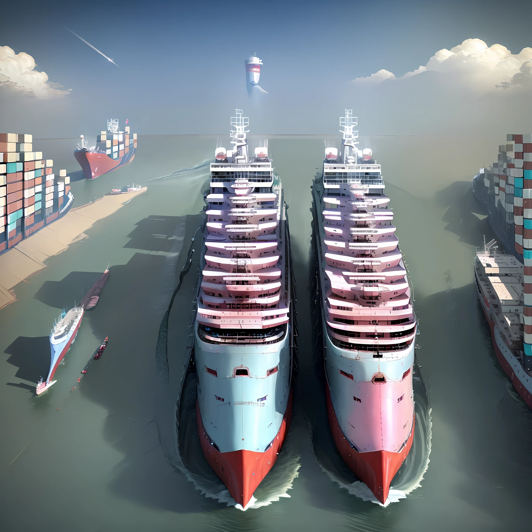 Childlike dreams, light up the future, dredge ships, the mouth of the Yangtze River, a large number of container ships pass