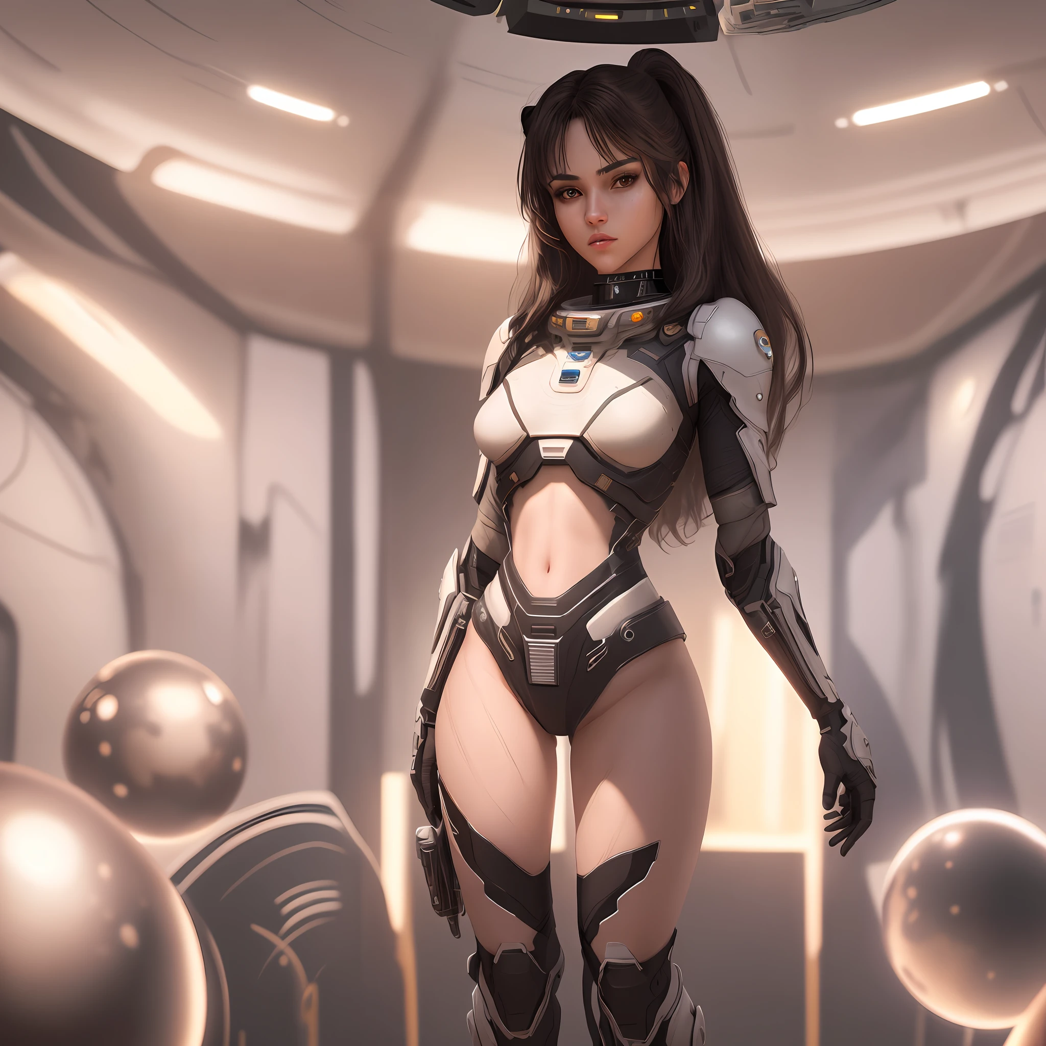 "Complete artwork masterpiece, high quality, ultra detailed in 4k, 8k, high resolution, hyper-realistic photo, hyper-detailed, realistic skin texture, amazing shadows, background, extremely detailed texture, perfect lighting, high-level image quality." The female protagonist of space game, fair skin, Full body, various poses, Black tech armor, long black hair, brown eyes, defined face, small breasts, choker, use reference picture as role model, inside her space ship scanning a planet