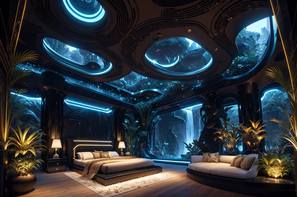 incredible black luxurious futuristic bedroom interior in Ancient Egyptian style with many (((lush plants, gorgeous flowers))), (lotus flowers), ((palm trees)), rocky walls, ((sand)), ((waterfalls)) (marble), ((precious minerals)), ((metals)), (gemstones), crystals, clouds and (water), ((curvy futuristic furniture)), crocodiles, (hieroglyphics), (((ultra luxury))), (black marble) – with ((beautiful lights)), Unreal Engine, HQ, 16k