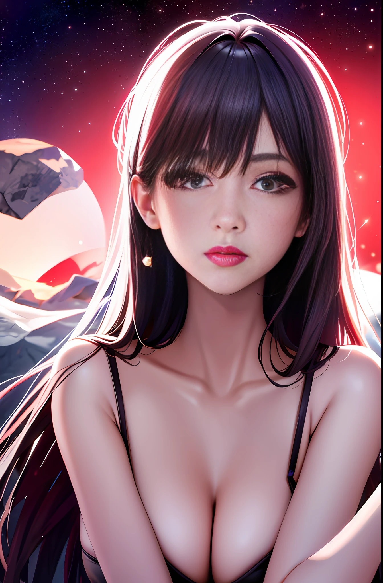 1girl, beautiful face, (white eyes)), sexy pose, red moon in the background, stars, space, (lightroom: 1.13), soft light, (natural skin texture: 1.2), (hyperrealism: 1.2), clear focus, focus