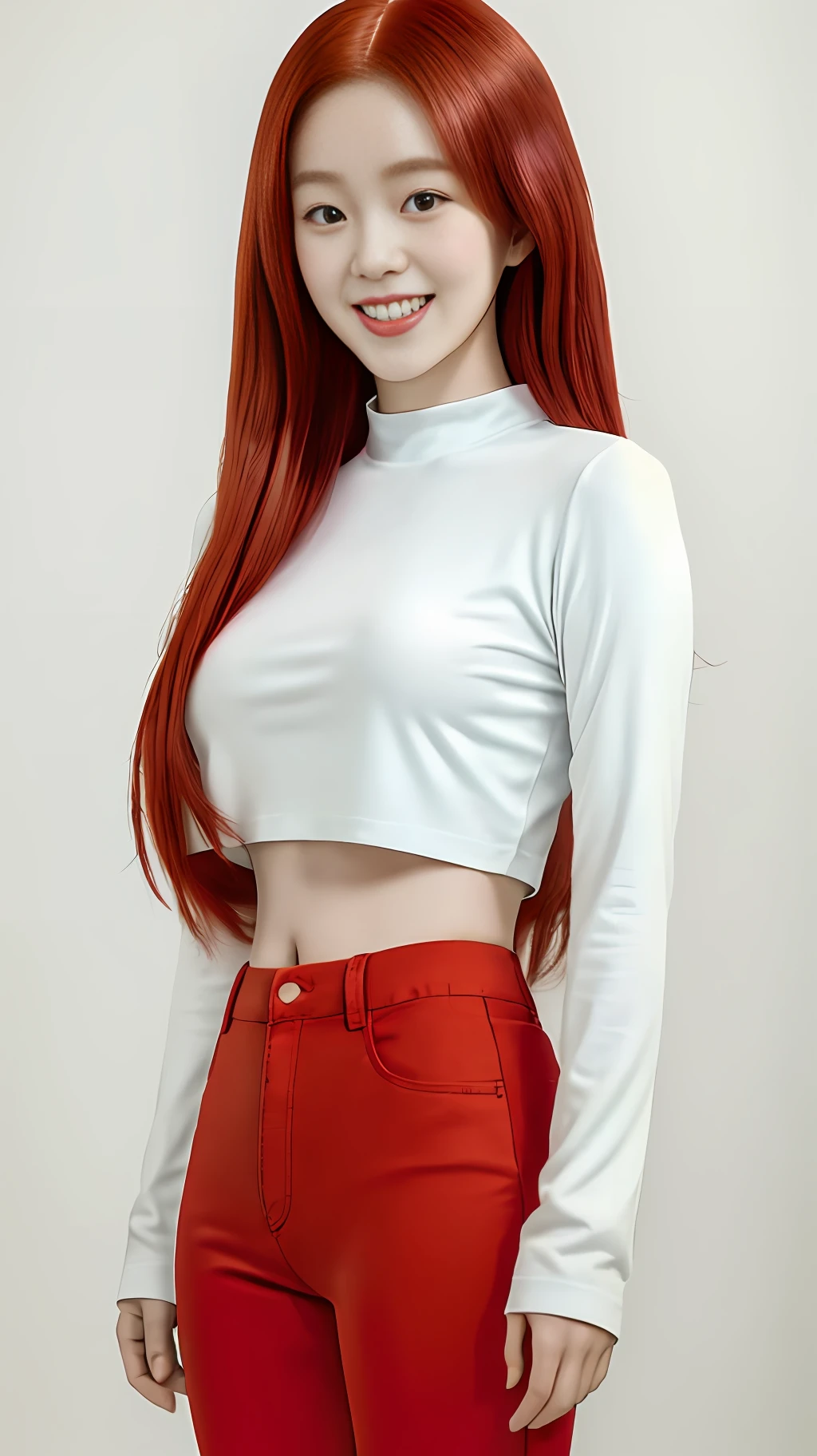a woman in a white crop top and red pants is playing video game, simple style, wearing elegant casual clothes, muted red, simple clothes, milk and red style, casual clothing style, modern fashion outfit, wearing a fisher , casual modern clothing, inspo, red clothes, red pants, neutral tones, rred and white color scheme, casual business outfit, cute face,beautiful smile(shy) nike shoes, 22 years old, adult face, long hair, ((red hair))
