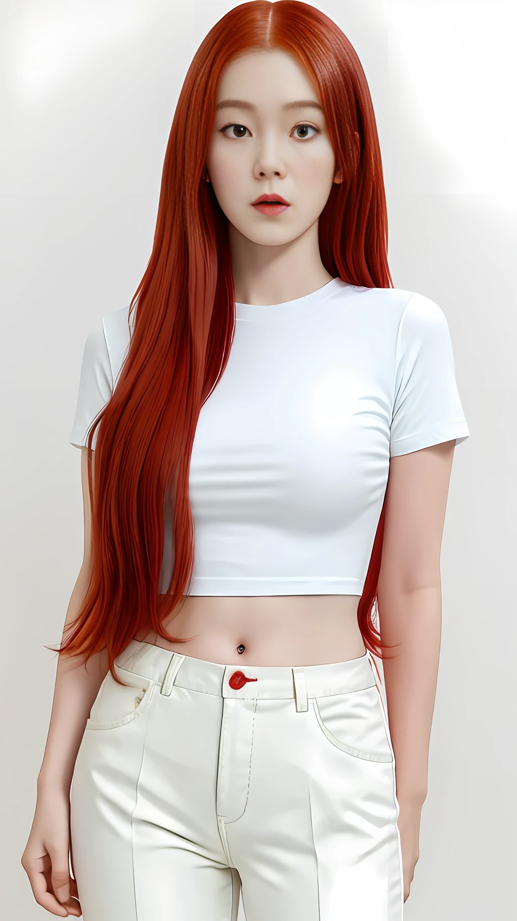 a beautiful girl in a white shirt and red pants is playing video game, simple style, wearing elegant casual clothes, muted red, simple clothes, milk and red style, casual clothing style, modern fashion outfit, wearing a fisher , casual modern clothing, inspo, red clothes, red pants, neutral tones, rred and white color scheme, casual business outfit, scary face, nike shoes, 22 years old, adult face, long hair, ((red hair))