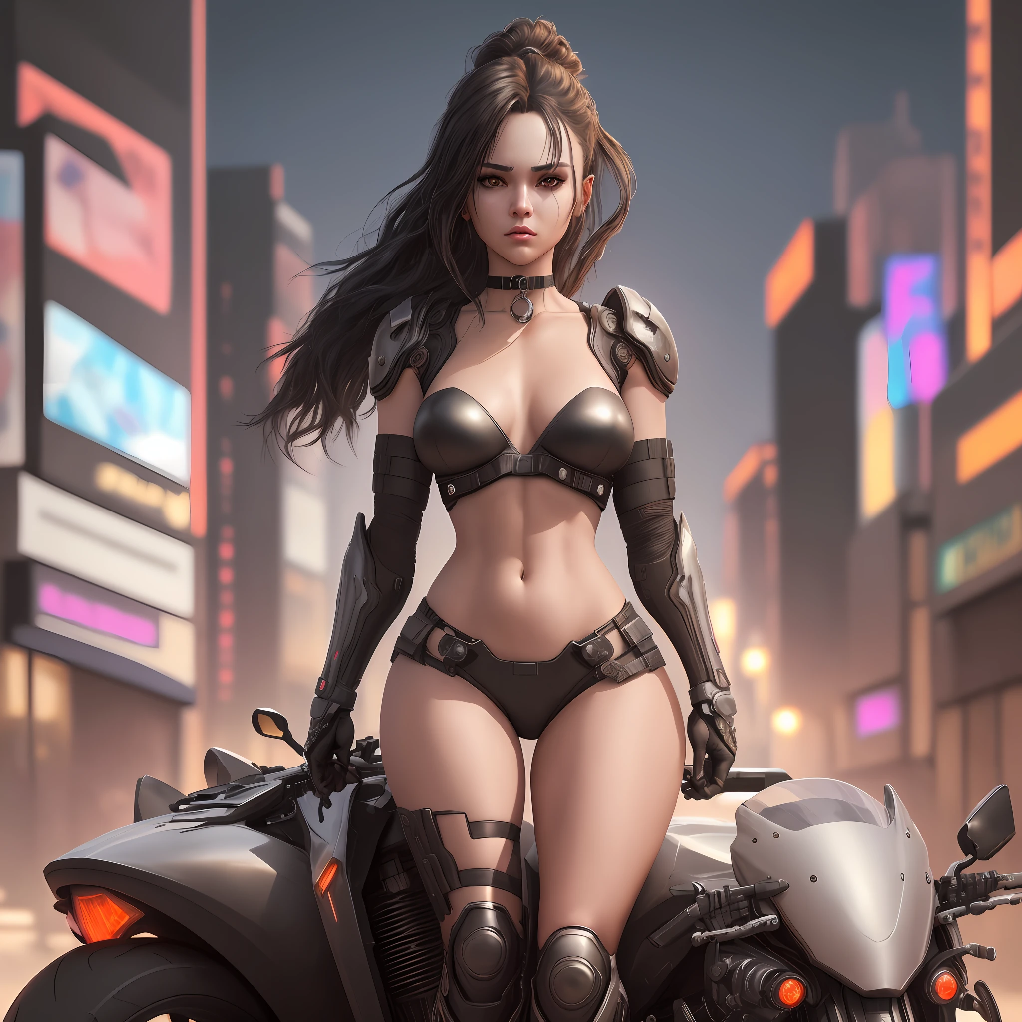 "Complete artwork masterpiece, high quality, ultra detailed in 4k, 8k, high resolution, hyper-realistic photo, hyper-detailed, realistic skin texture, amazing shadows, background, extremely detailed texture, perfect lighting, high-level image quality." The female protagonist of a cyberpunk game, fair skin, Full body, diverse poses, Black tech armor, long black hair, brown eyes, defined face, small breasts, choker, use reference picture as role model, high detailed Future city at night in the back, beside her motorcycle