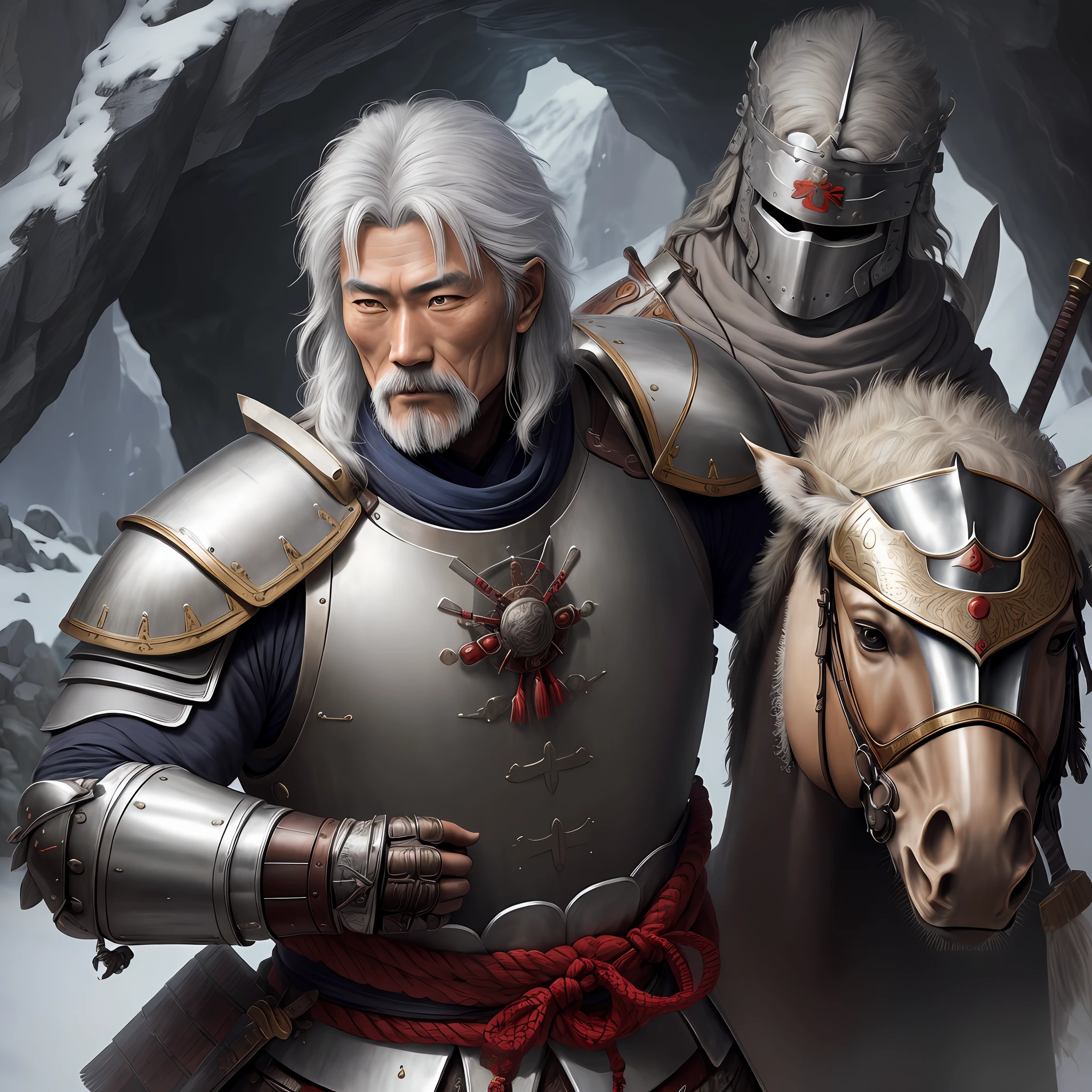 Ultra realistic image of a Japanese warrior lord aged 50 years, strong wearing very detailed medieval armor, holding a large sword, in the background of it has an ancient cave, perfect ambient light, art by style Jimi Lee