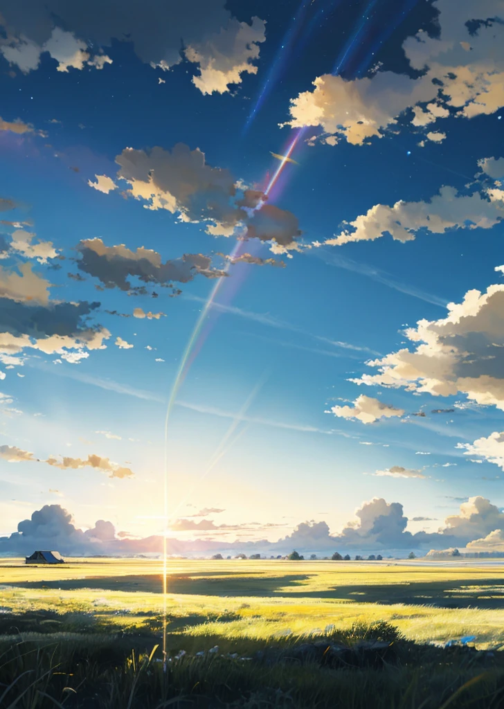 Vast sky, beautiful skyline, large grassland, moving visual effects, hanging north star, colorful natural light.