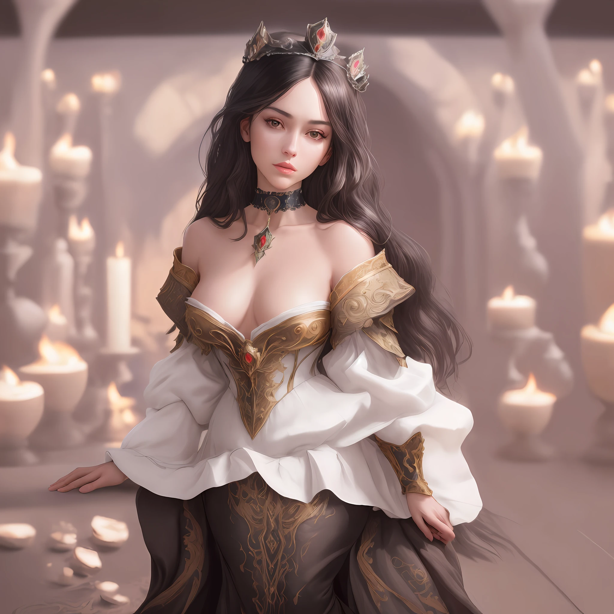 "Complete artwork masterpiece, high quality, ultra detailed in 4k, 8k, high resolution, hyper-realistic photo, hyper-detailed, realistic skin texture, amazing shadows, background, extremely detailed texture, perfect lighting, high-level image quality." The empress of russia, fair skin, Full body, long black hair, brown eyes, defined face, small breasts, choker, use reference picture as role model, beside a large detailed medieval table