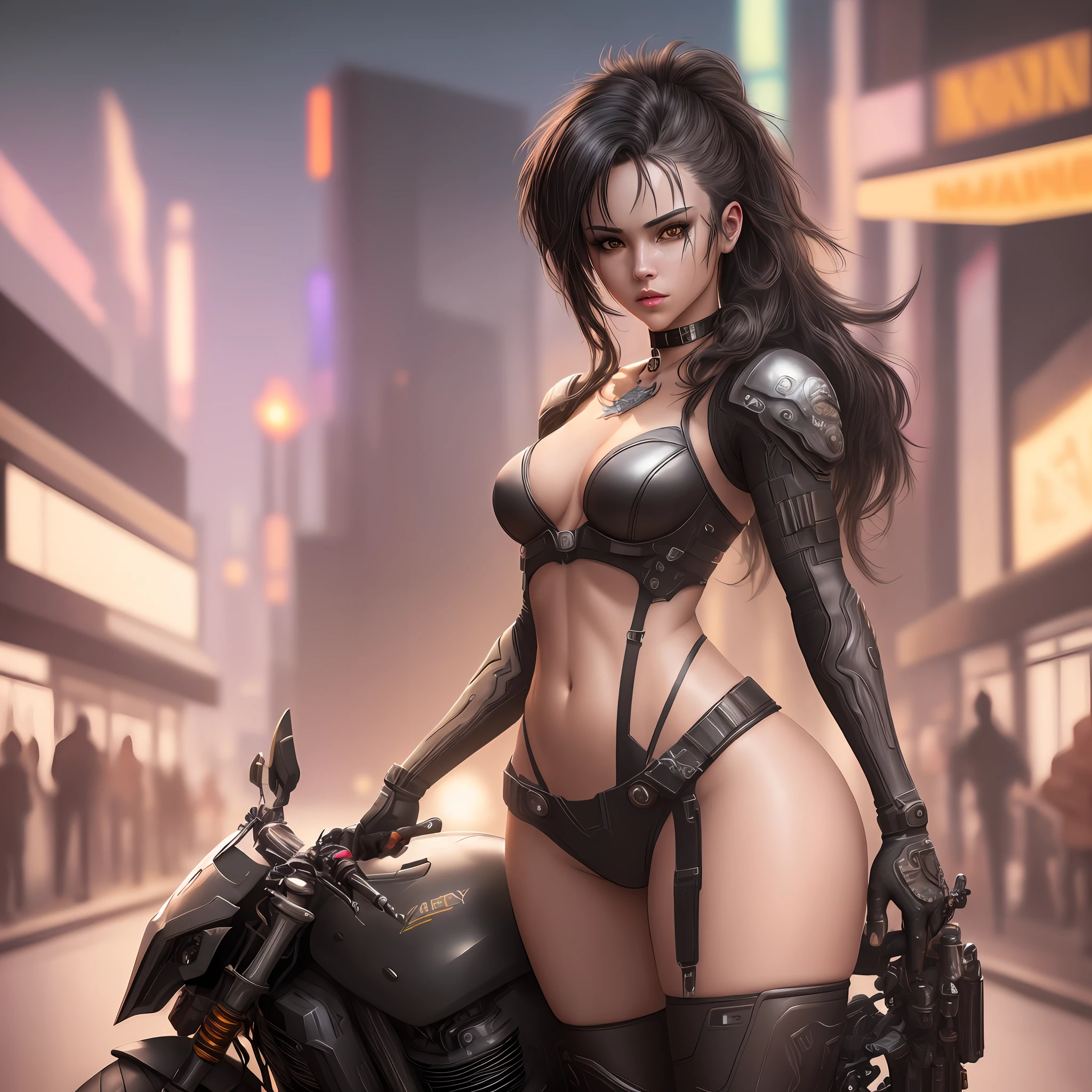 "Complete artwork masterpiece, high quality, ultra detailed in 4k, 8k, high resolution, hyper-realistic photo, hyper-detailed, realistic skin texture, amazing shadows, background, extremely detailed texture, perfect lighting, high-level image quality." The female protagonist of a cyberpunk game, fair skin, Full body, diverse poses, Black tech armor, long black hair, brown eyes, defined face, small breasts, choker, use reference picture as role model, high detailed Future city at night in the back, beside her motorcycle