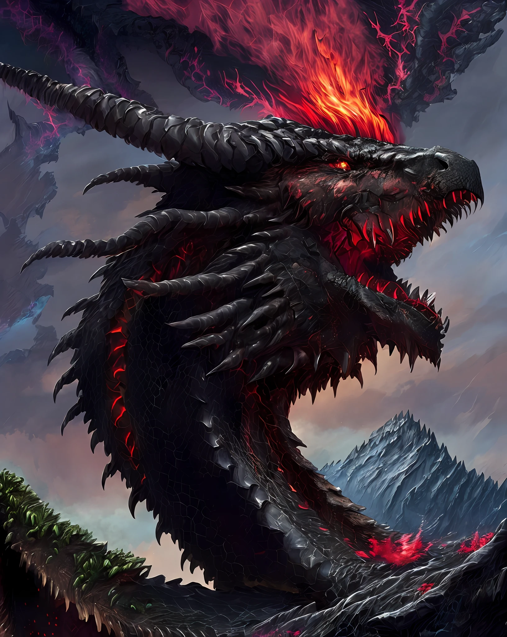 Apocalyptic portrait of an evil black dragon with glowing red eyes, detailed scales, twisted horns and a volcano erupting in the background