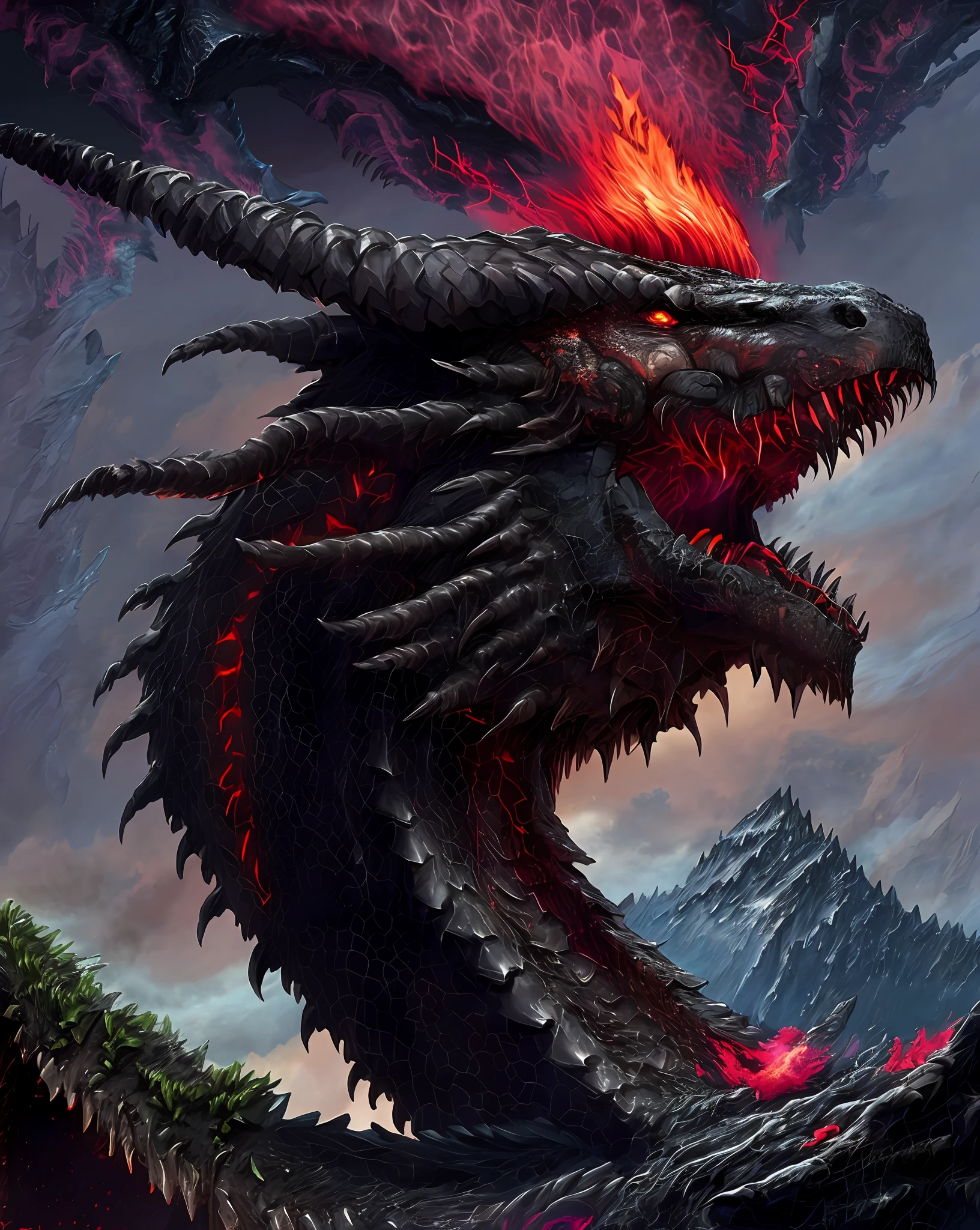 Apocalyptic portrait of an evil black dragon with glowing red eyes, detailed scales, twisted horns and a volcano erupting in the background