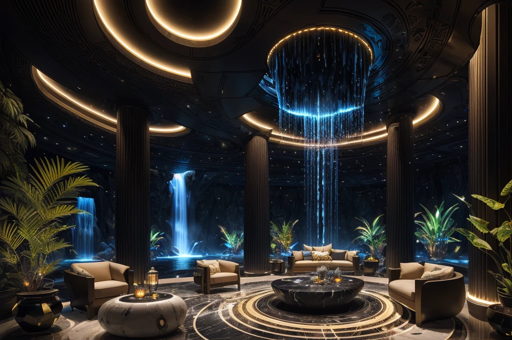 incredible black luxurious futuristic interior in Ancient Egyptian style with many ((lush plants)) (lotus flowers), ((palm trees)), rocky walls, (sand), ((waterfalls)) (marble), ((precious minerals)), ((metals)), (gemstones), crystals, clouds and (water), ((plants made out of gemstones and precious minerals)), crocodiles, (hieroglyphics), (((ultra luxury))), (black marble) – with ((beautiful lights)), Unreal Engine, HQ, 16k