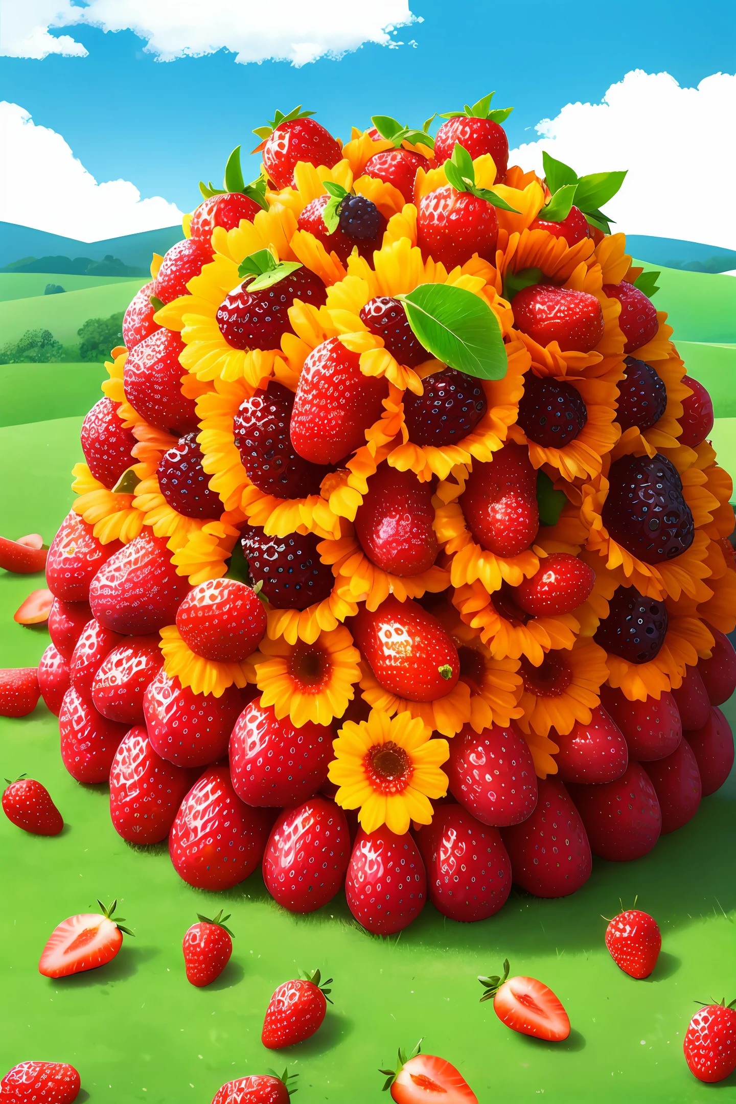 strawberry anthill, green leaves on top, black ants, berries, oranges, apple slices, flowers around the anthill, sun is shining, blue sky, few clouds
