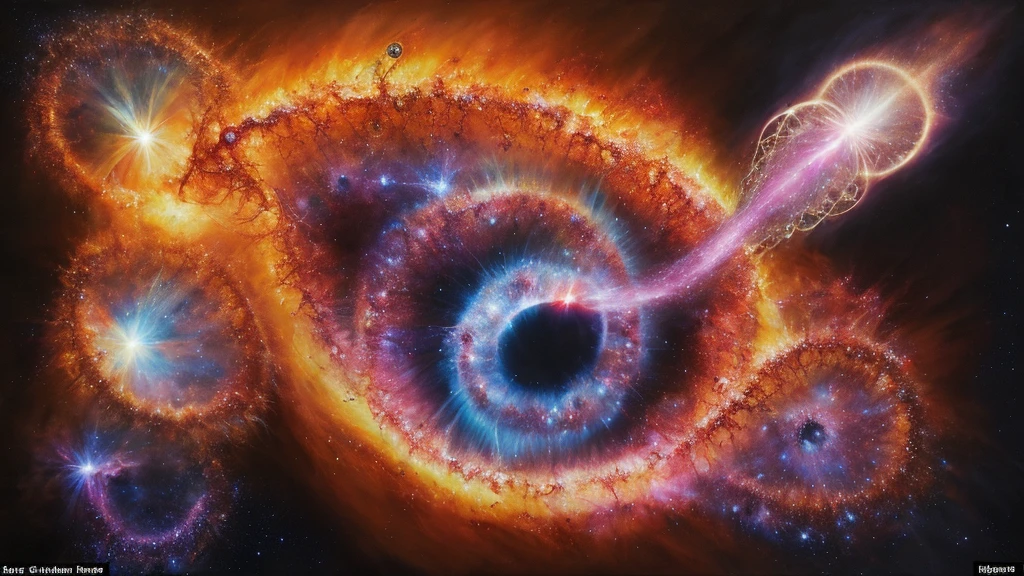 "An inspiring image of the cosmos, showing the power and mystery of a black hole. With strong, vivid colors of stars, planets, and galaxies around you, the black hole's perfect black circle sits at the center. The mist of matter and explosions are portrayed with the utmost realism, creating a three-dimensional depth in the painting. Rays of light gush from various sources, highlighting the mystical beauty of the universe. A true masterpiece, the image is detailed down to the smallest pillars of creation, making it impossible to resist getting lost in its mesmerizing beauty" perfect circle
