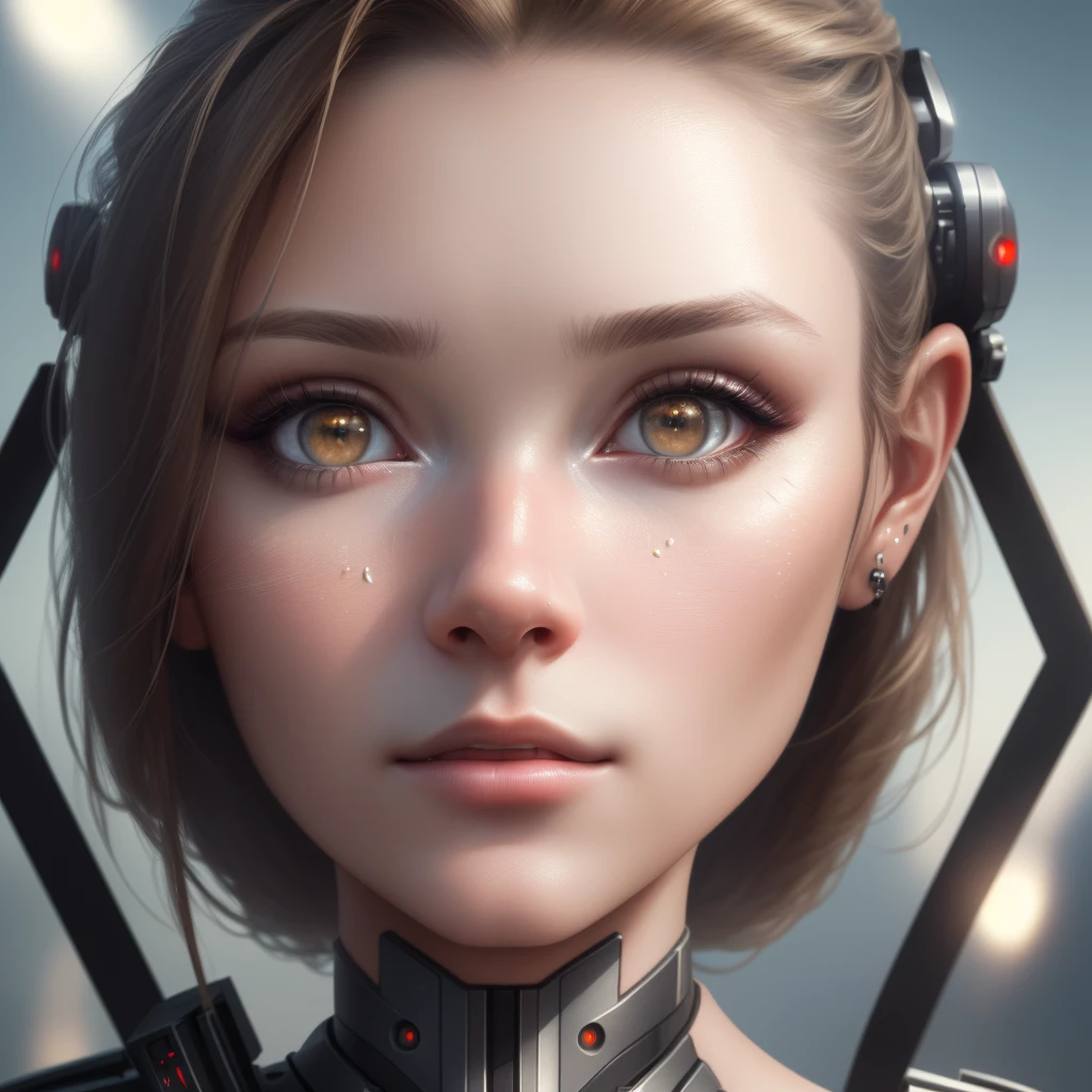 (8k, RAW photo, best quality, masterpiece: 1.2), (realistic, photorealistic: 1.37), photo of the face of a stunning woman, half cyborg half human, futuristic photo with elements of technology and artificial intelligence