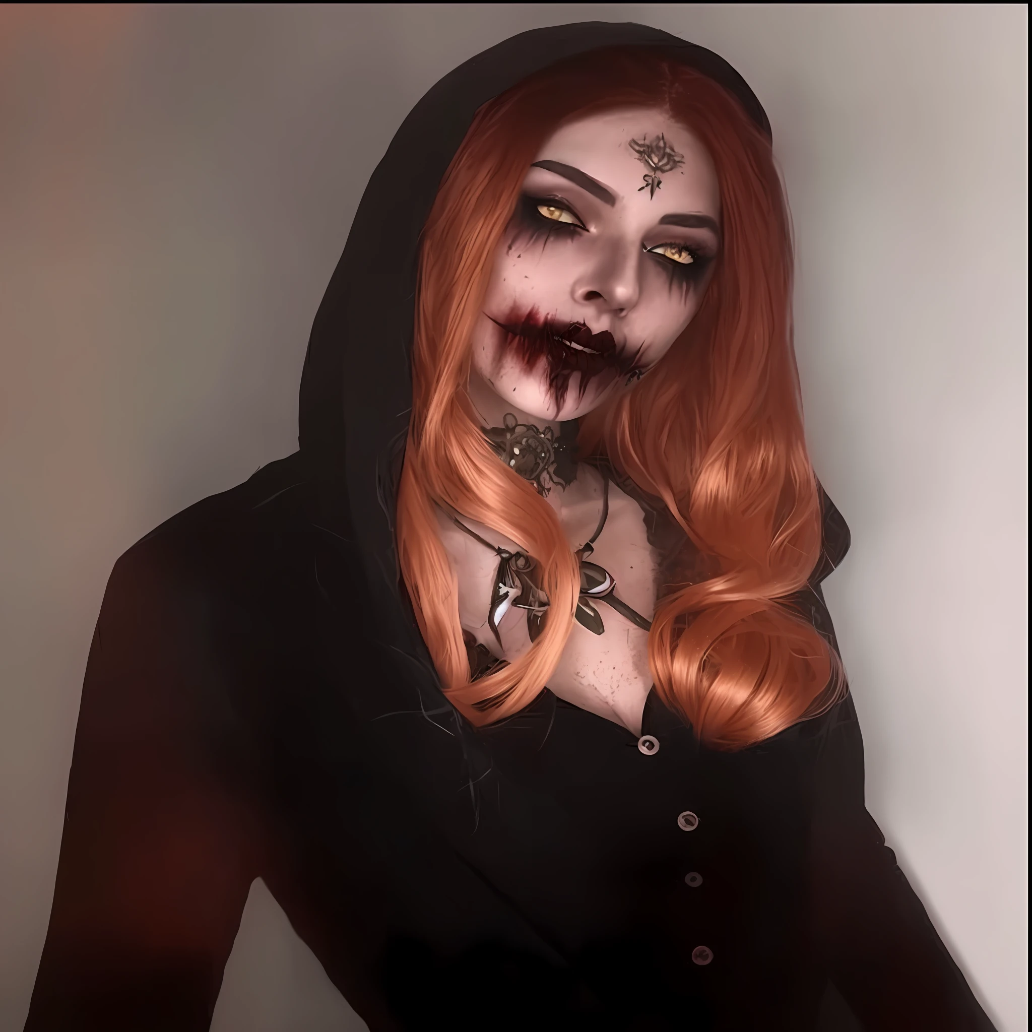 a close up of a woman with a creepy make up and red hair, scary look, androgynous vampire, female vampire, portrait of a female necromancer, gothic horror vibes, gothic wraith maiden, dark and horror style, vecna from stranger things, beautiful necromancer girl, beautiful witch spooky female, carmilla vampire