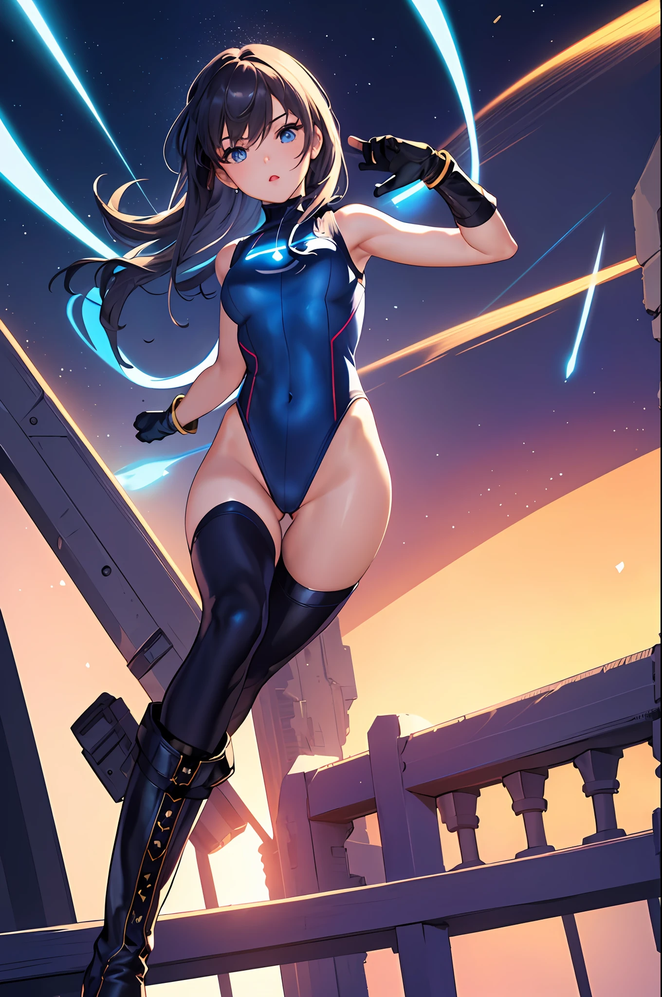 masterpiece, best quality, highres, 1girl, solo, superhero, leotard, bare legs, boots, matching boots, aura, blue aura, sleeveless, gloves, bracelets, matching gloves, looking at viewer, light particles, city backdrop, perfect hands, perfect eyes, powering up, perfect leotard, perfect legs, perfect arms, perfect fingers,