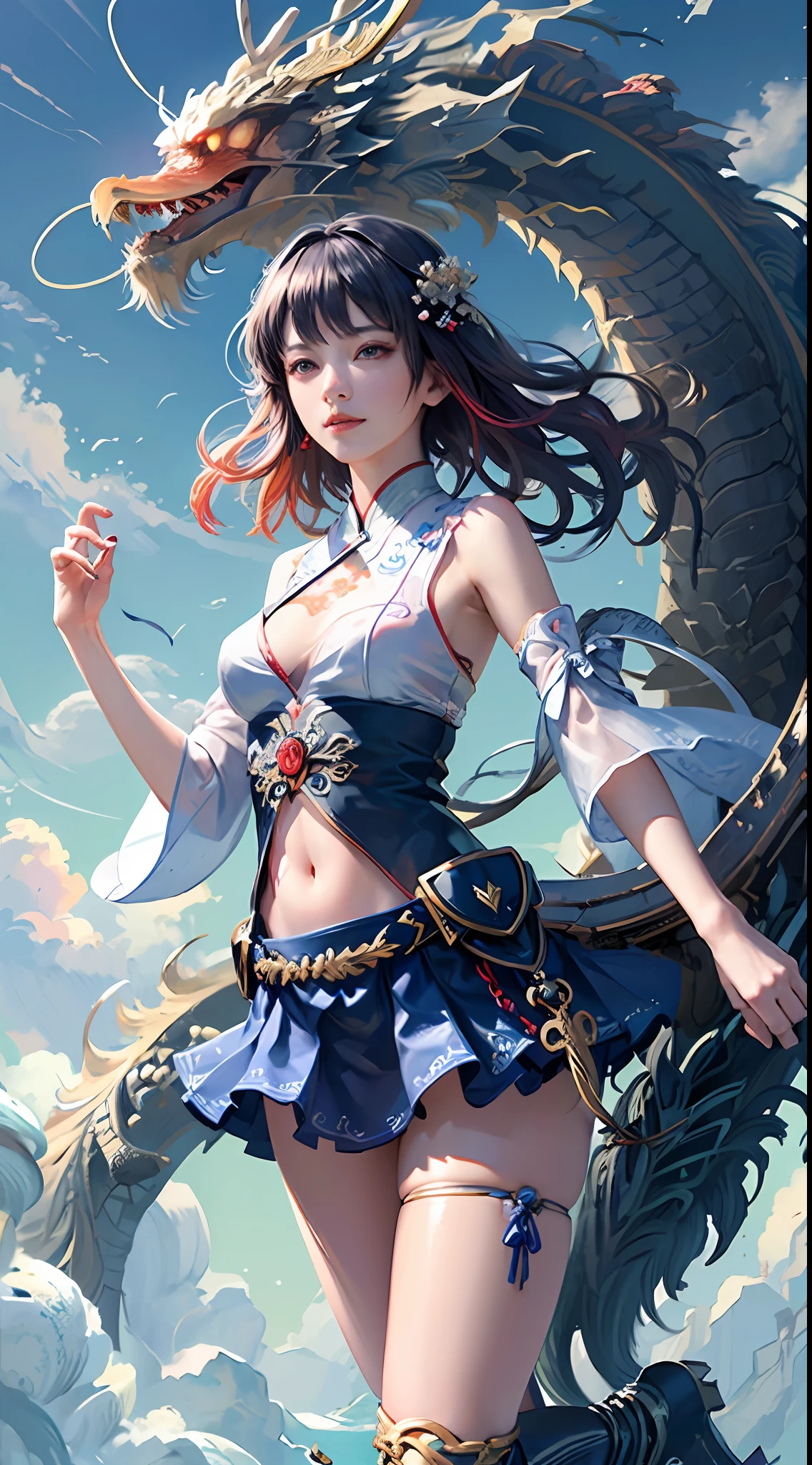 Official Art, Unified 8K Wallpapers, Ultra Detailed, Beautiful and Aesthetic, Masterpiece, Best Quality, (Zentangle, Tangle, Entangle), (fractal art: 1.4), (character center: 1.3), 1girl, black hair, Chinese, off-the-shoulders, short skirt, calf, navel, very detailed, dynamic angle, cowboyshot, (most beautiful form of chaos), ethereal, (bright colors), oc, (half: 1.2), china, (thangka flying sky: 1.5), (ribbon: 1.3), (dream: 1.5), (hanfu: 1.5), Chinese dragon, Chinese phoenix, (smile: 0.5), ( Chinese deities),