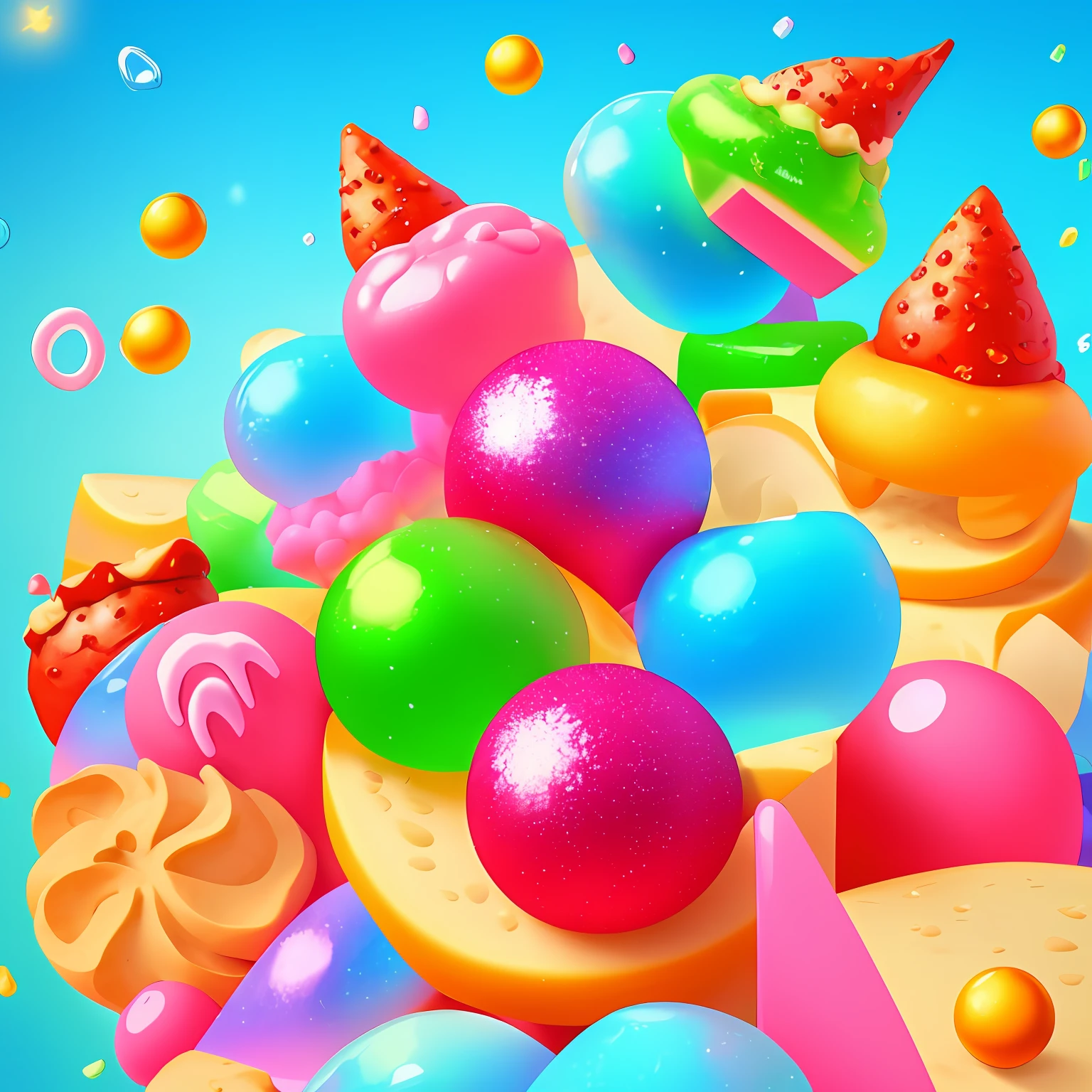 Help me generate a 3D scene illustration with sugary keywords whimsical, colorful, playful, delicious, sweet, sweet, dreamy, magical, fantastic, gummy, juicy, sparkling, festive, boys and girls