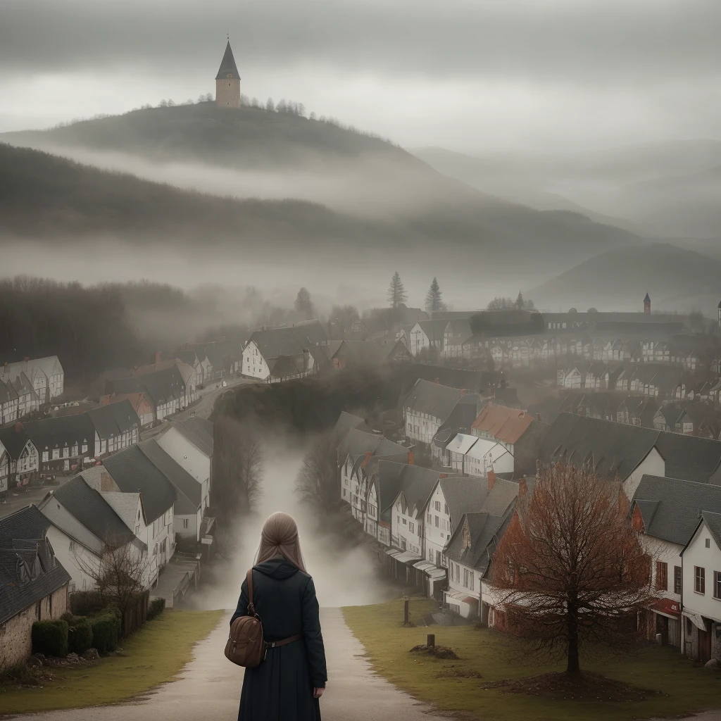 a young woman with long hair standing up holding a camera, looking at a distant woman in the horrifying background can a small and picturesque town, shrouded in a subtle mist,