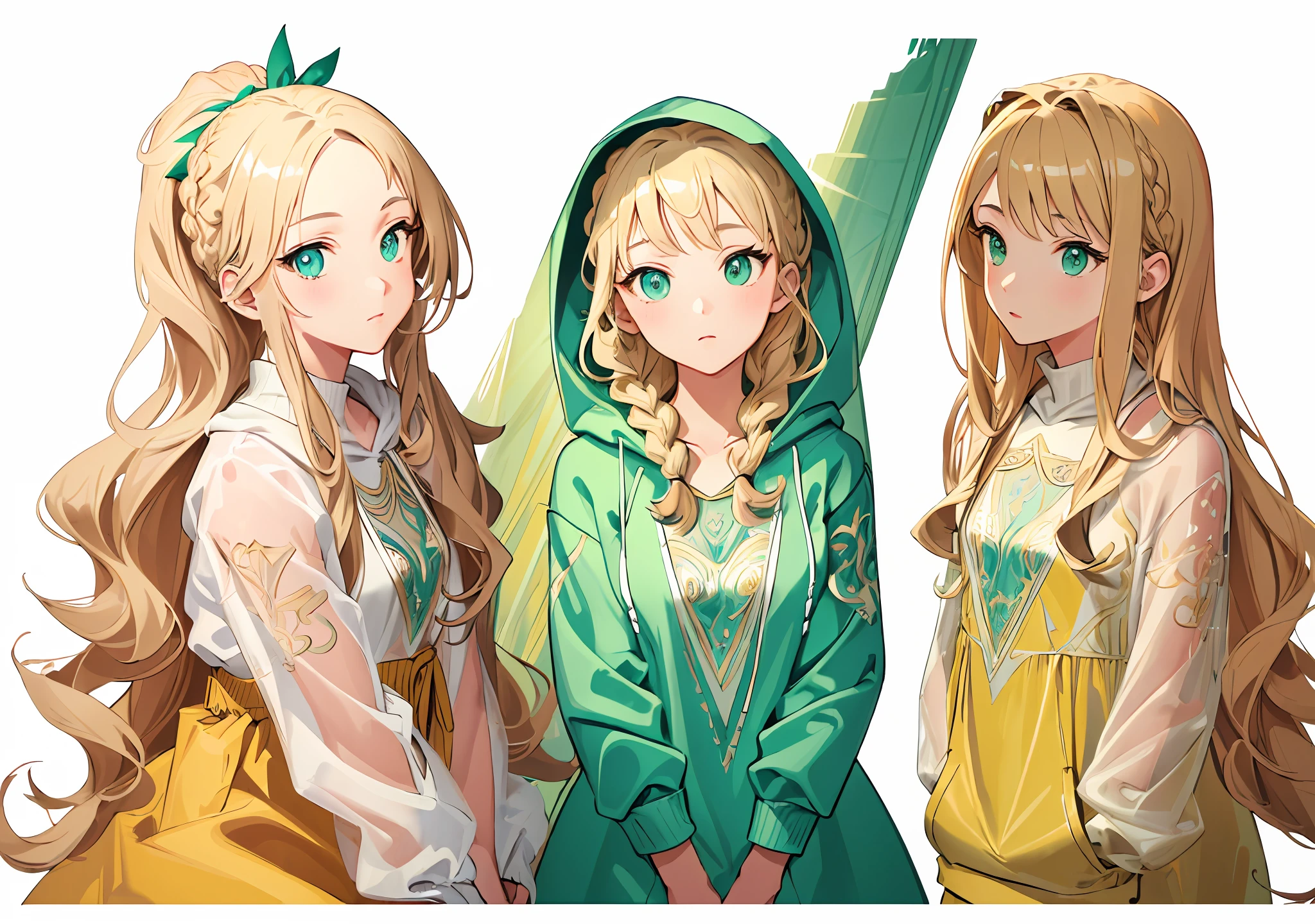(((masterpiece))), (((illustration))), ((strong outlines)), (simple background, transparent background:1.6), 1girl, solo, character turnarounds, beige blonde hair, very very long hair, wavy hair, ponytail, french braid, fine hands, beautiful hands, green eyes, beautiful green eyes, (oversized hoodie, white hoodie, hood:1.3), ultra-detailed eyes, 8K, clear, good lighting, detailed, extremely detailed, sharp focus, intricate, beautiful, realistic+++, complementary colors, high quality, hyper detailed, masterpiece, best quality, artstation, stunning, alternate clothes, fine details