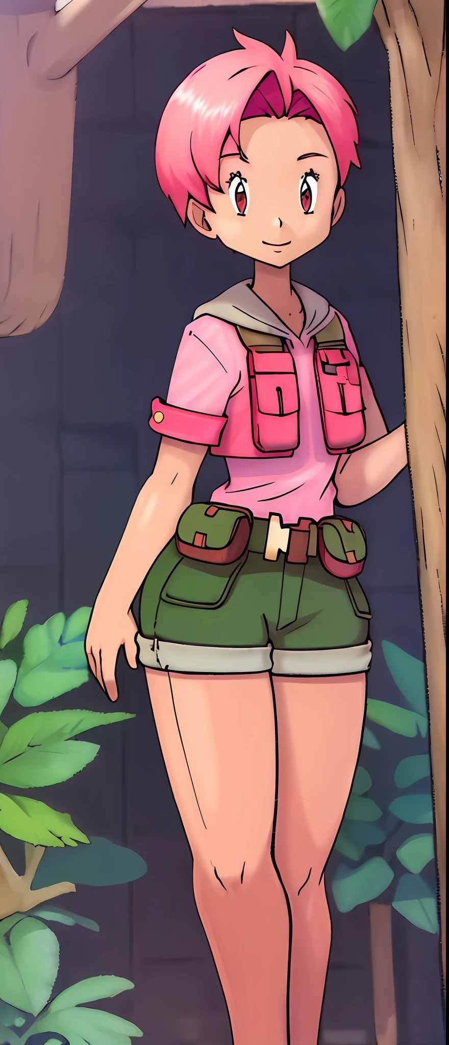 1girl, thicc, tan skin, explorers outfit, short pink hair