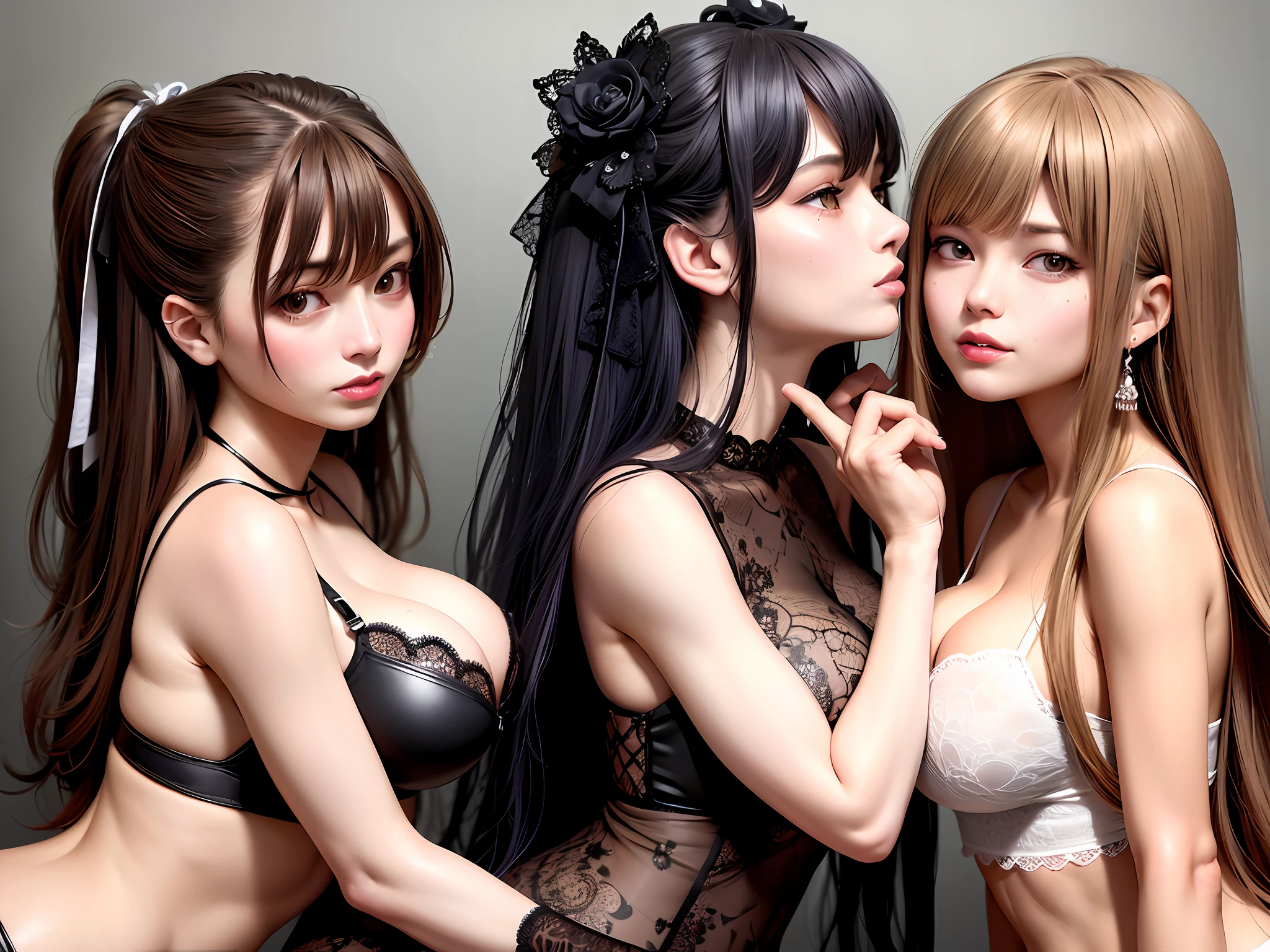 Three girls, six hands, up to five fingers in each hand. Kiss each other face to face. Grasp each other's breasts with your hands. Perfect Body, {{}}, {Perfect Body}, {Delicate Face}, {{Best Quality}}}, {{Super Detail}}, {{Masterpiece}}}, {{Best Quality}}}, {{Super Detail}}, {{Illustration}}, {Messy Hair}, {Messy Hair}}}}, Clear Facial Features, Clear Skin Features, Clear Areola, Lace, Black Lace, Ahgao, Realism, Realism, Neorealism, Octane Rendering, Corona Rendering, UE4, High Detail , Ultra High Quality, High Resolution, 8K Art Station Trend, HD, Hyper-Realism, Telephoto Lens, Chest Lens (MCU), First Person View, Film Lighting, -Imagination-