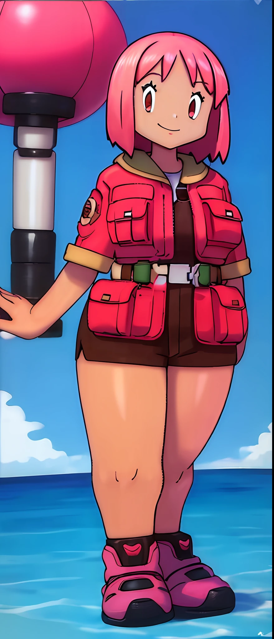 1girl, thicc, tan skin, explorers outfit, short pink hair