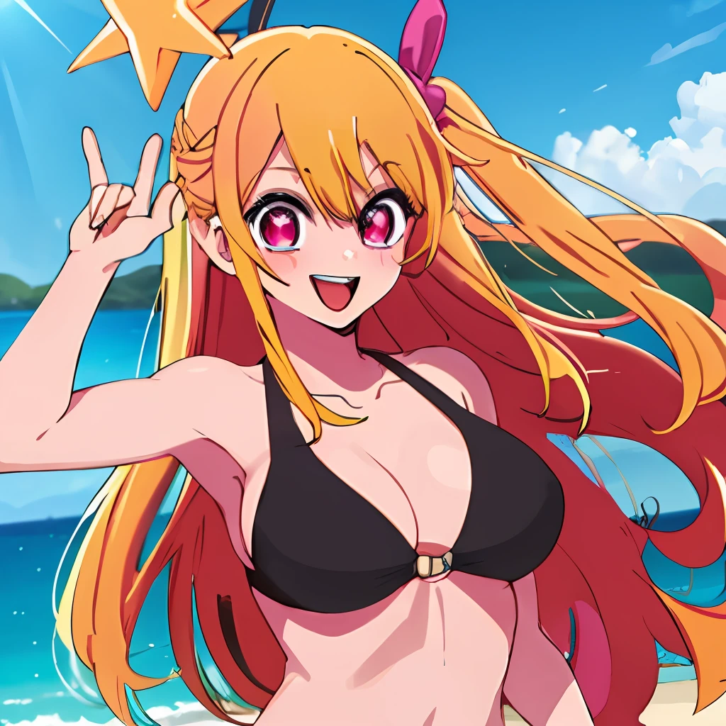 1girl, solo, star-shaped pupils in left eye, orange hair, long hair, pink eyes, multicolored bikini, blonde, bangs,happy,posing, multicolored hair, beach background