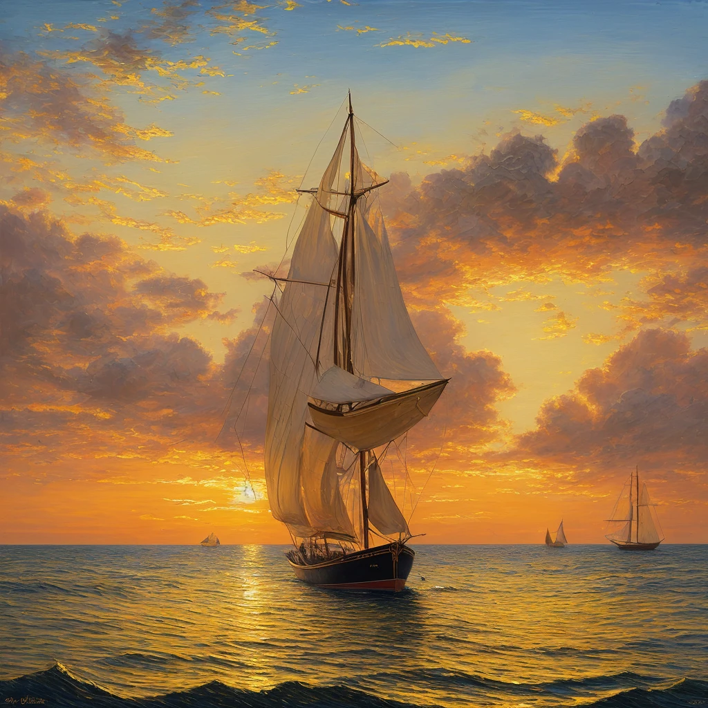 masterpiece:1.5, oil painting;1.5, one small fishing boat close to the horizon, ocean, sunset, reflections in water, sails, blue, yellow, orange, gold