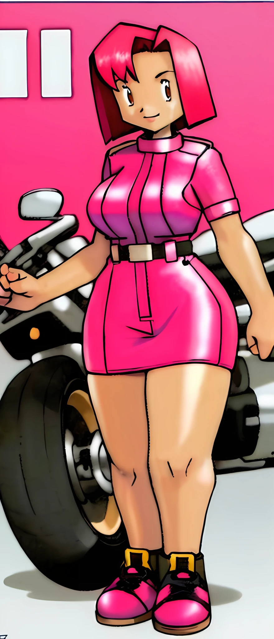 1girl, thicc, tan skin, biker outfit, short pink hair