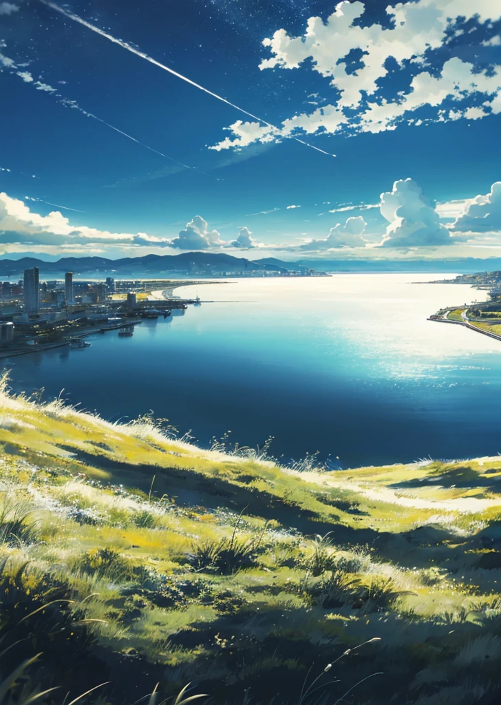 (vast sky + large grassland), beautiful skyline, [highlight filter: 1.2 + soft light filter: 0.8 + contrast optimization: 0.9 + high saturation: 1.1], shooting angle dynamic, starry sky, vast water, harbor in the distance.
