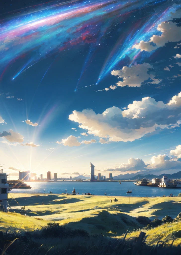 Vast sky, beautiful skyline, large grassland, moving visual effects, hanging north star, colorful natural light. There is a harbor at the end of the screen
