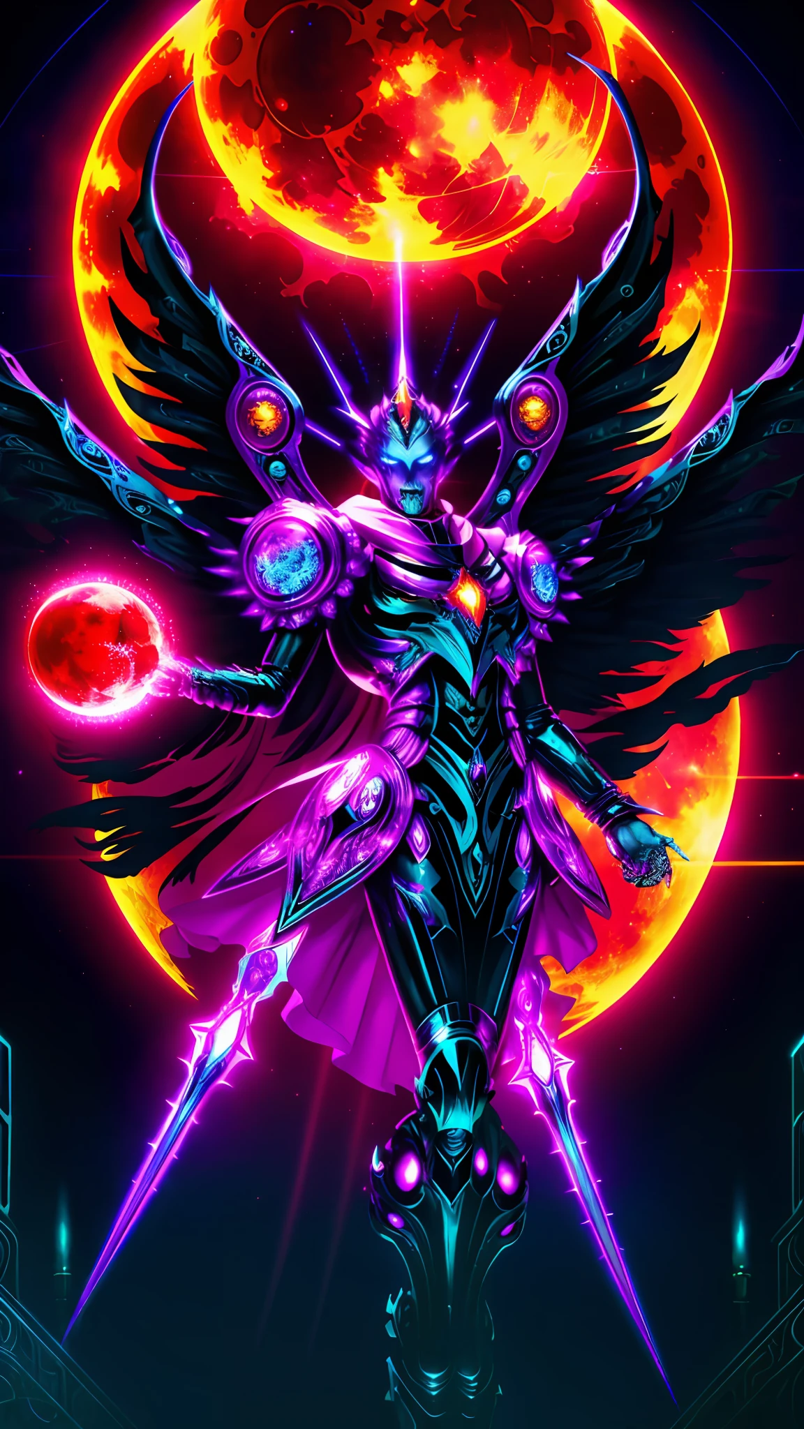 android mechanical lich:Evil Celestial Glow, robot wings,earnst haeckel, james jean. generative art, baroque, intricate patterns, fractalism, movie still, photorealistic, intricate, elegant, highly detailed, artstation, smooth, sharp focus, illustration, outrun, vaporware,full body shot, demonic energy holding different monsters, angle from below, Evil laugh:Exuberant, cinematic lighting, ((blood moon in background lighting scene))