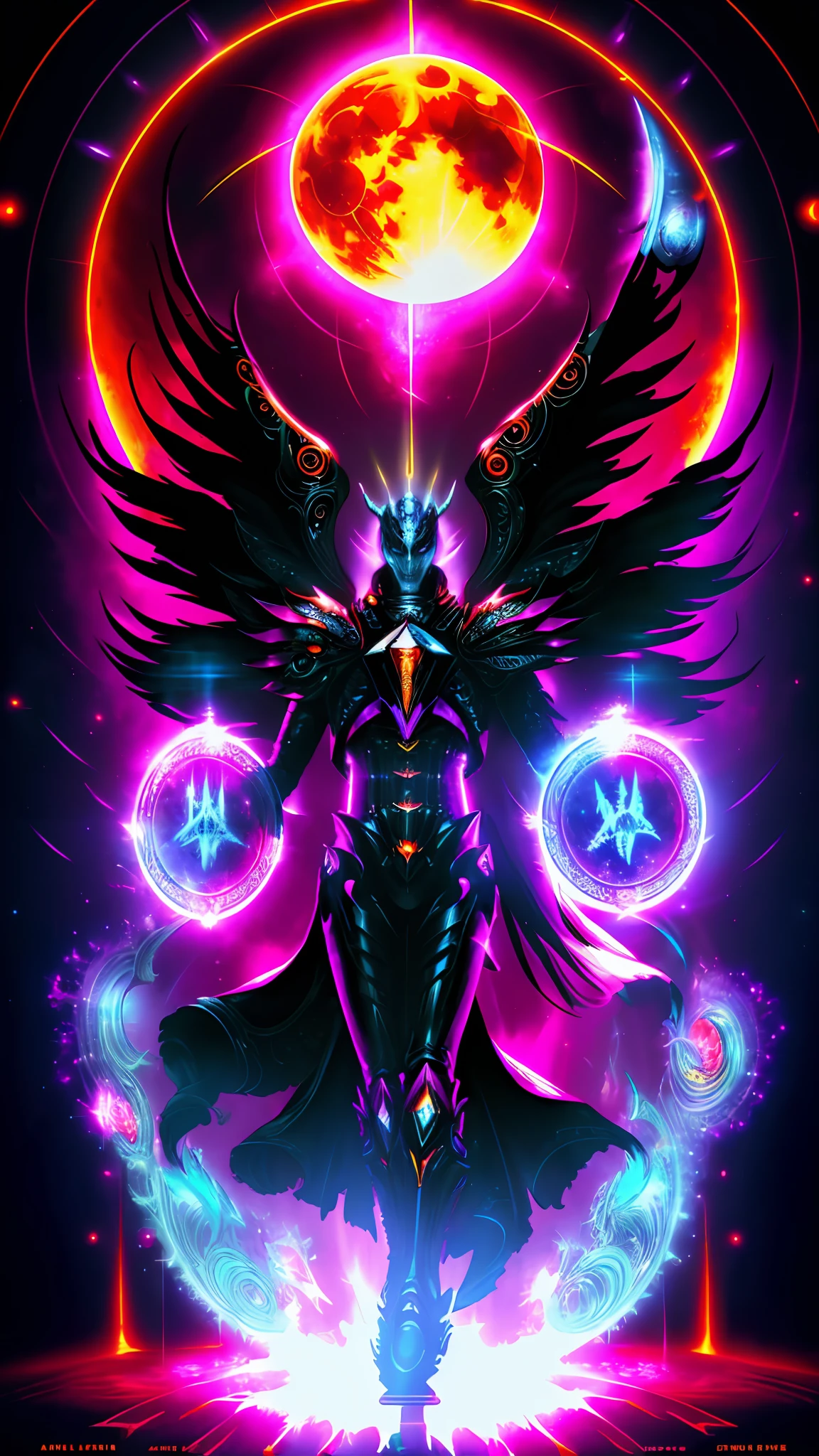 android mechanical lich:Evil Celestial Glow, robot wings,earnst haeckel, james jean. generative art, baroque, intricate patterns, fractalism, movie still, photorealistic, intricate, elegant, highly detailed, artstation, smooth, sharp focus, illustration, outrun, vaporware,full body shot, demonic energy holding different monsters, angle from below, Evil laugh:Exuberant, cinematic lighting, ((blood moon in background lighting scene))