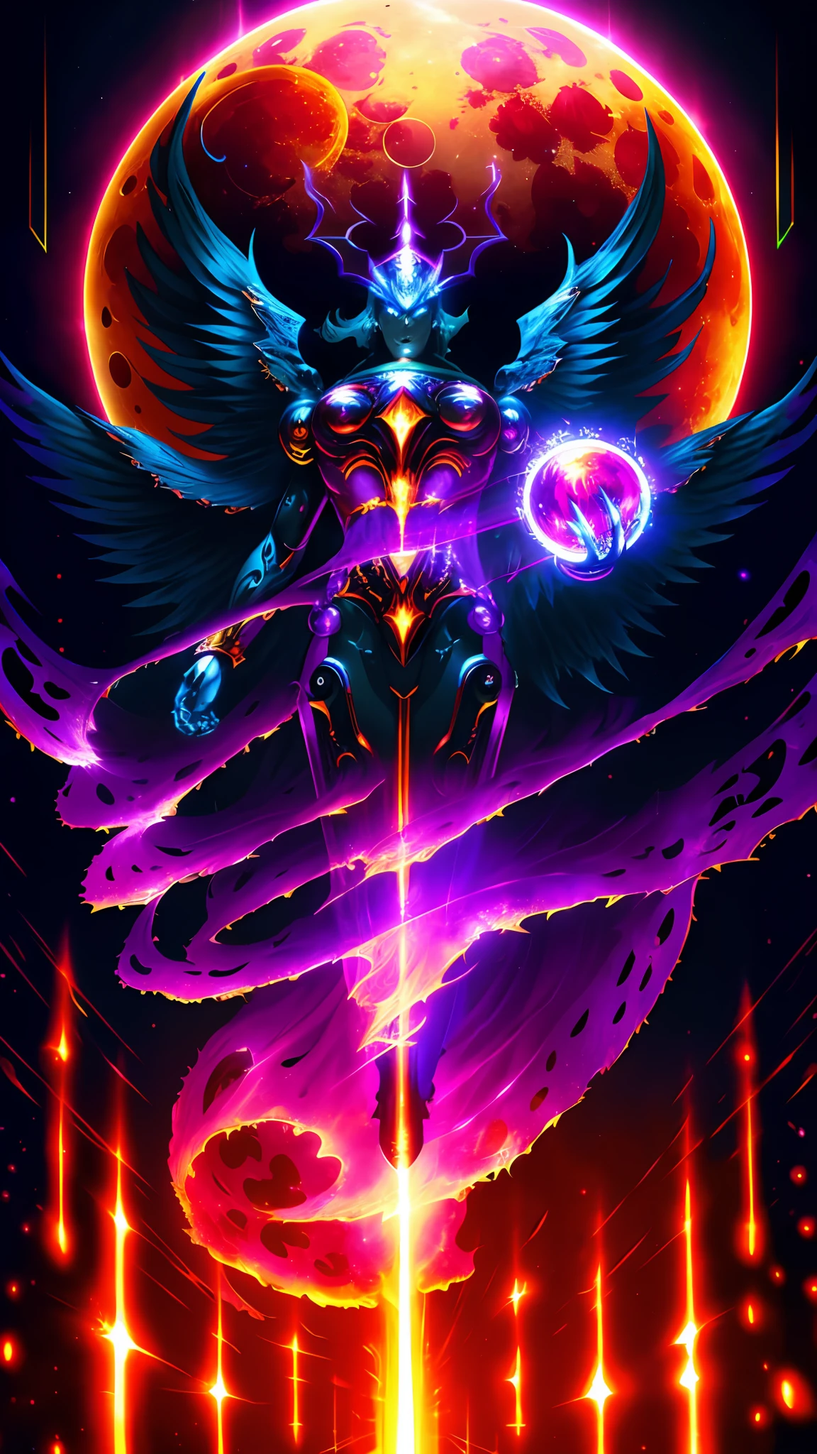 android mechanical lich:Evil Celestial Glow, robot wings,earnst haeckel, james jean. generative art, baroque, intricate patterns, fractalism, movie still, photorealistic, intricate, elegant, highly detailed, artstation, smooth, sharp focus, illustration, outrun, vaporware,full body shot, demonic energy holding different monsters, angle from below, Evil laugh:Exuberant, cinematic lighting, ((blood moon in background lighting scene))