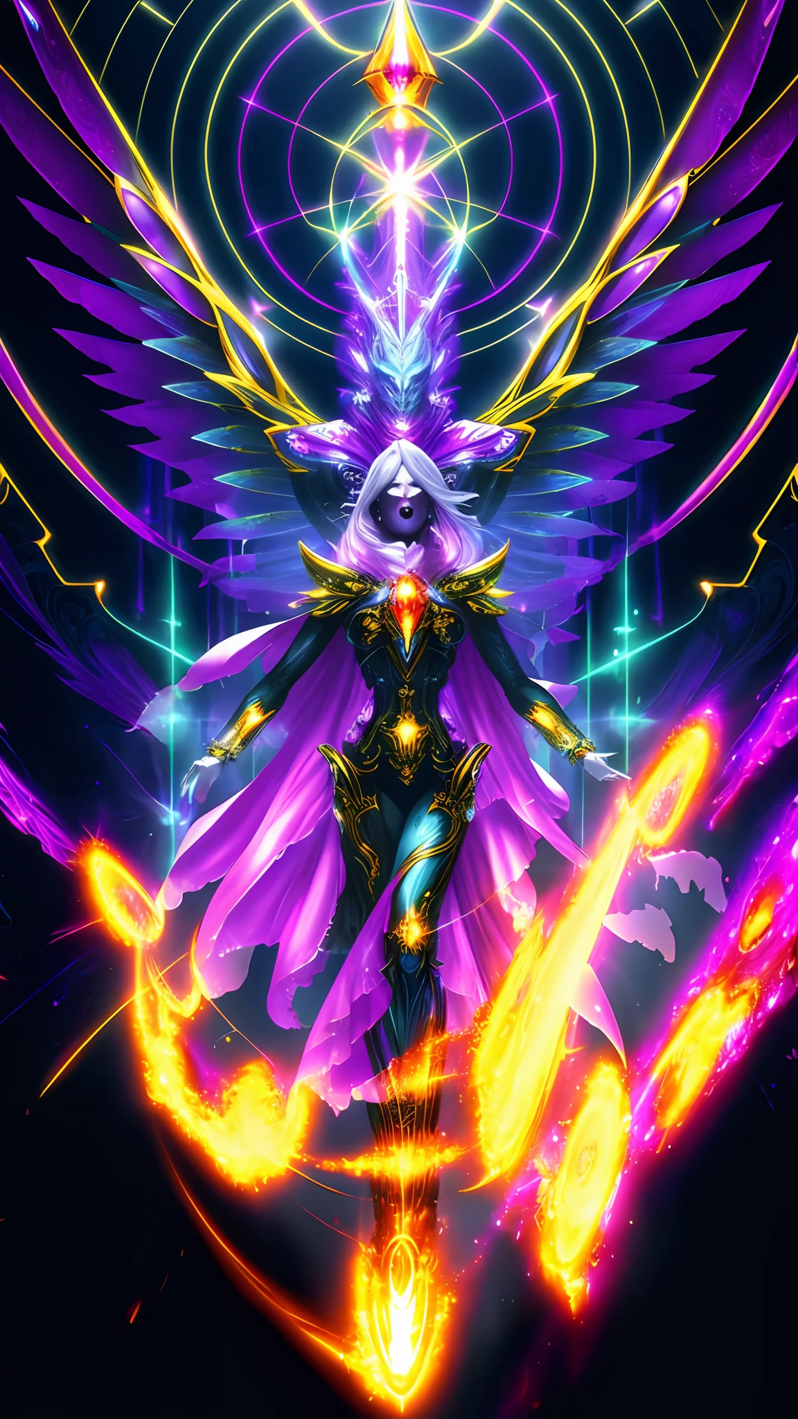 android mechanical lich:Evil Celestial Glow, robot wings,earnst haeckel, james jean. generative art, baroque, intricate patterns, fractalism, movie still, photorealistic, intricate, elegant, highly detailed, artstation, smooth, sharp focus, illustration, outrun, vaporware,full body shot, demonic energy holding different monsters, angle from below, Evil laugh:Exuberant