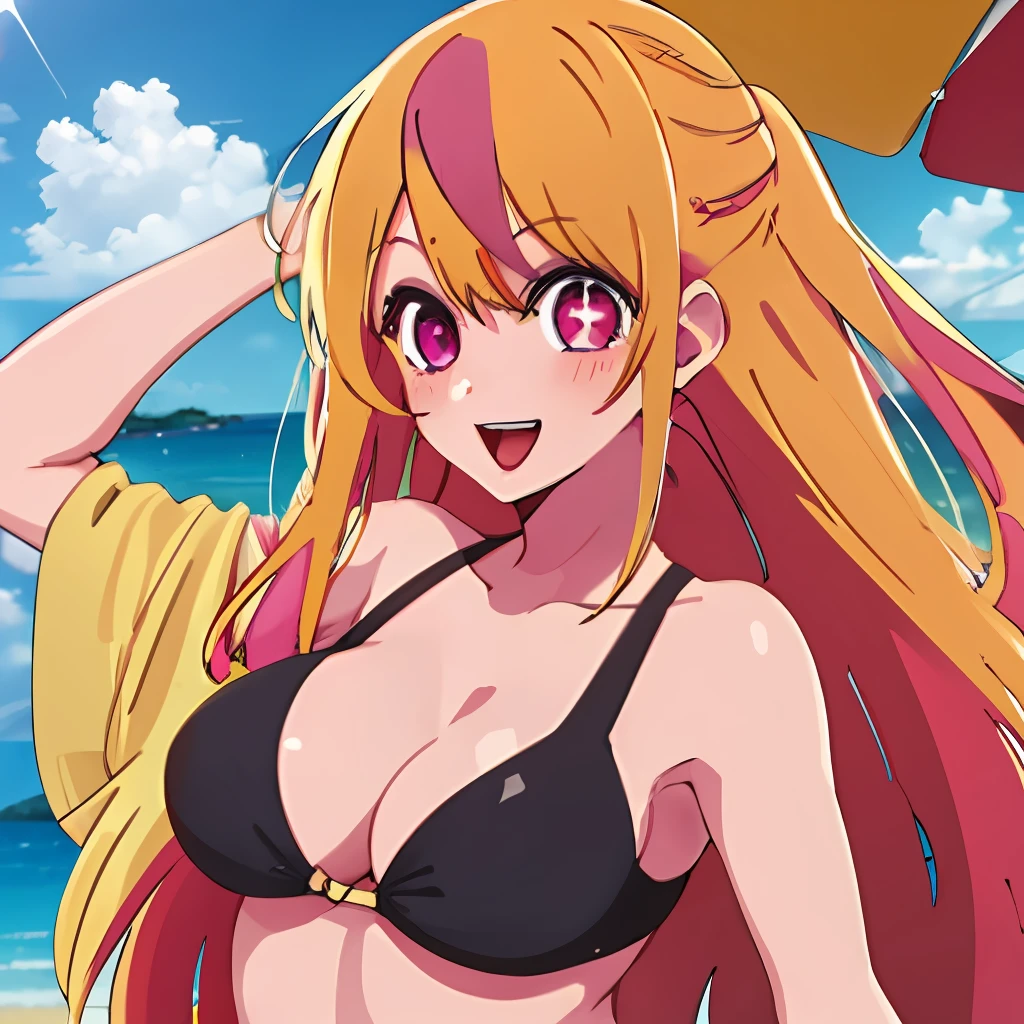 1girl, solo, star-shaped pupils in left eye, orange hair, long hair, pink eyes, multicolored bikini, blonde, bangs,happy,posing, multicolored hair, beach background