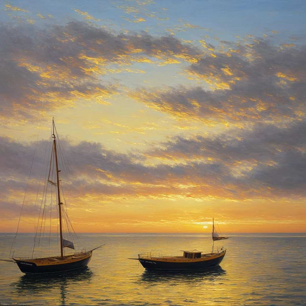 masterpiece:1.5, oil painting;1.5, one small fishing boat close to the horizon, ocean, sunset, reflections in water, sails, blue, yellow, orange, gold
