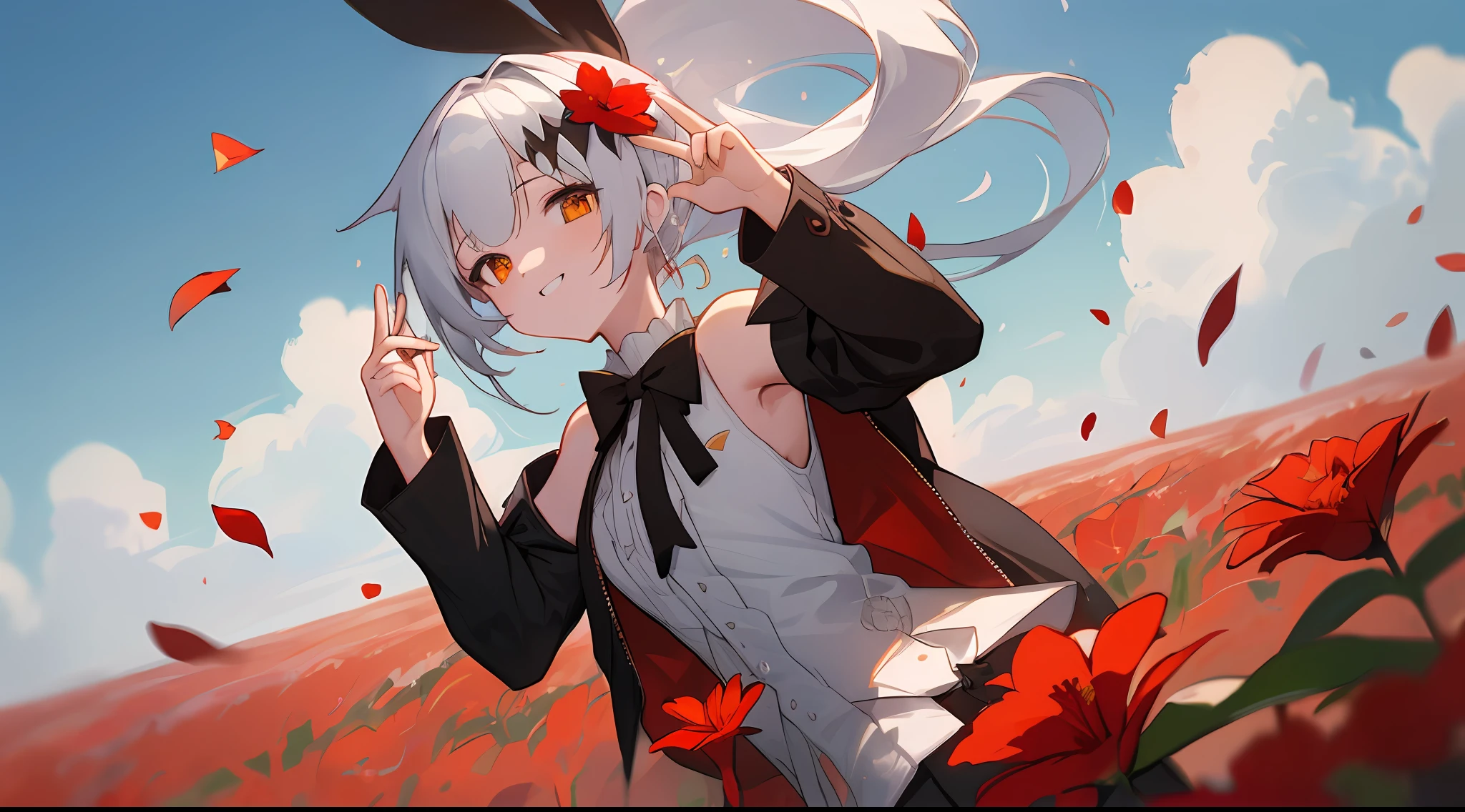 (Extremely detailed 8k CG unity wallpaper), (masterpiece), (best quality), (ultra detailed: 1.3), (best illustration), ((high resolution)), (sharp eyeliner), eye shadow, (detailed eyes: 1.2), (fiveseven: 1.2), (1girl) , long ponytail, silver hair, (black jacket on shoulder), black pleated skirt, ((red flower field background)), day, ((sky)), outdoor, clouds, daylight, depth of field, sunbeam, red flower petal in air, lovely smile, sleeveless top