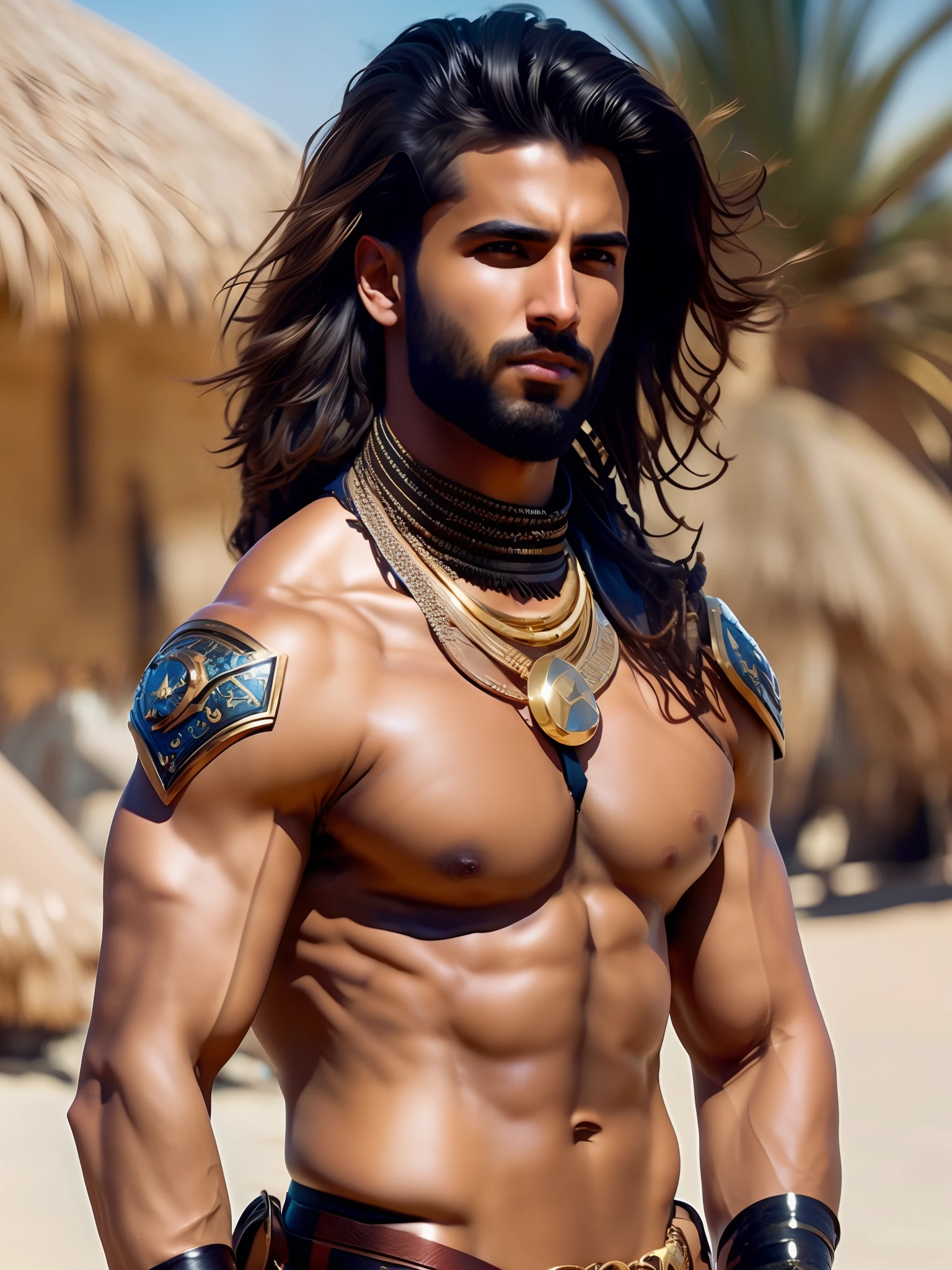 fking_scifi, fking_scifi_v2, portrait of a young, muscular very handsome and attractive Arabic warrior man, in front of an sandy beach, long messy hair, hairy body, rich colorful and golden jewelry, close up, regal pose and attitude. fking_cinema_v2.