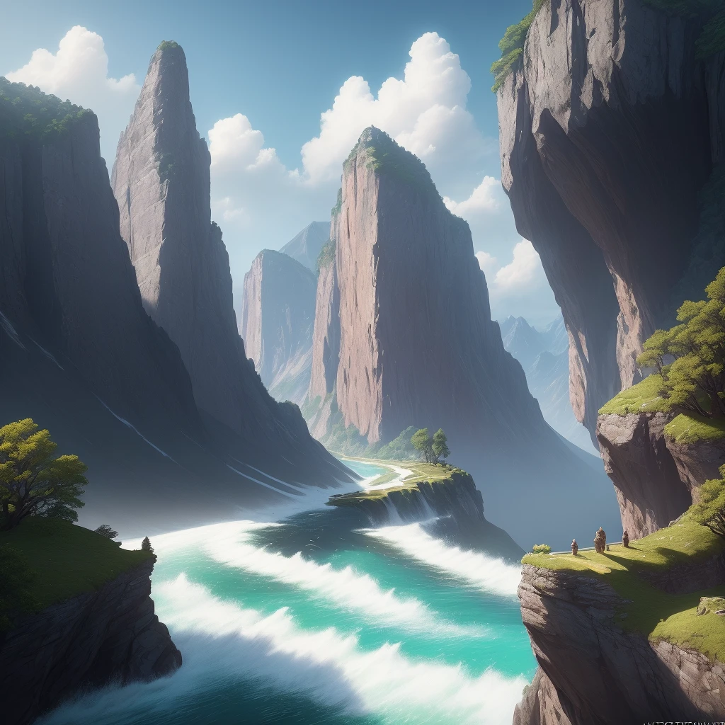 catbird masterpiece, best quality, high quality, extremely detailed CG unity 8k wallpaper, scenery, outdoors, sky, cloud, day, no humans, mountain, landscape, water, tree, blue sky, waterfall, cliff, nature, lake, river, cloudy sky,award winning photography, Bokeh, Depth of Field, HDR, bloom, Chromatic Aberration ,Photorealistic,extremely detailed, trending on artstation, trending on CGsociety, Intricate, High Detail, dramatic, art by midjourney