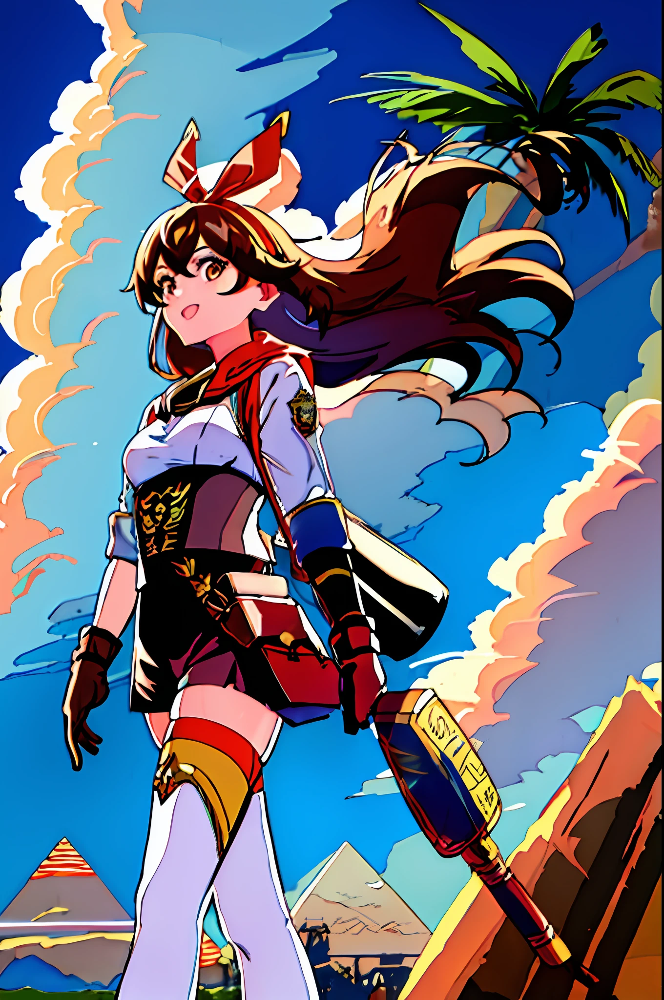 masterpiece, best quality, ultra-detailed, illustration, watercolors, oil paintings, (child:0.9), goggles on head, amber \(genshin impact\), brown eyes, brown hair, long hair, red hair ribbon, brown short shorts, leather gloves, pouch, thighhighs, white boots, medium breasts, cleavage cutout, shrug \(clothing\) full body, walking, cute, looking at viewer, perfect anatomy, perfect body, pale skin, shiny skin, medium breasts, pov, lip gloss light pink, colorful, lighting, desert, pyramid, a egyptian ruin, palm trees, sand dunes, background, detailed, pose, head to toe, happy, open mouth, solo, blue sky with small white fluffy clouds, sun shining, warm breeze blowing, peaceful, idyllic,
