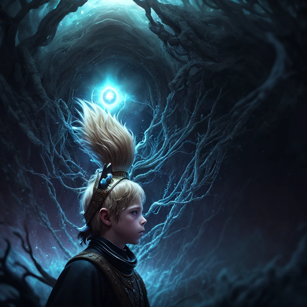 side view, viking prince boy, blond jacob tremblay, wearing pink loincloth, egyptian pharoah headdress, glowing eyes, covered in blue sweat, floating amoeba, alejandro jodorowsky , bloody vines looming on edges of frame, psychedelic black hole vortex, masterpiece,, realistic, sharp focus photo, uhd, hdr, professionally color graded, perfectly shaded, analog photo, high quality, highres, detail enhancement, 8k, realistic, masterpiece, high resolution scan, (photo by nikon d800, 50mm zeiss lens), spotlight