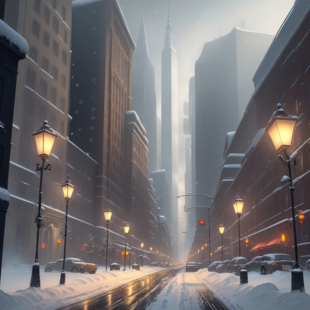 ((masterpiece)),((best quality)),((high detail)),((realistic,))a snowy, futuristic landscape with lampposts and falling traffic lights, steampunk