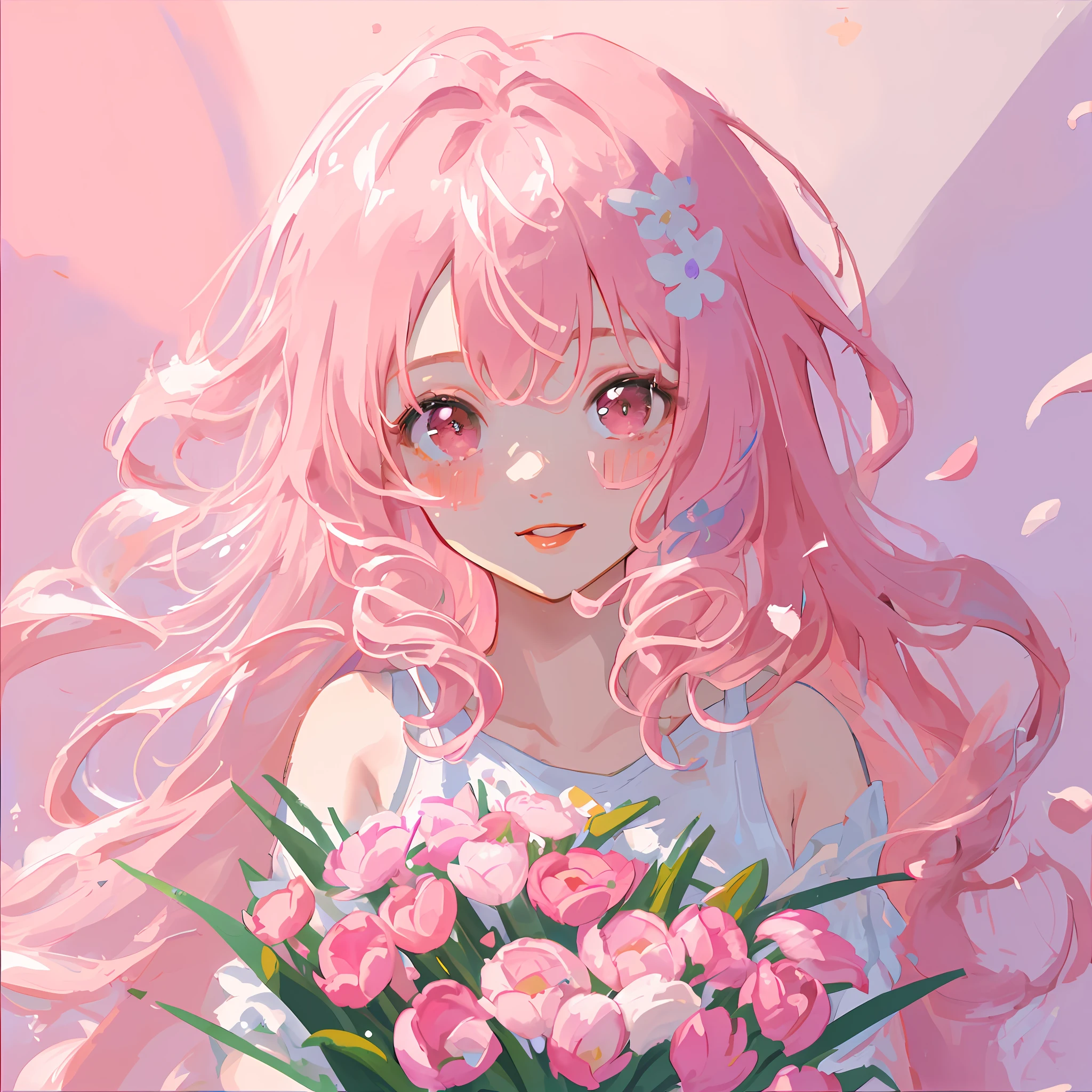 Messy brushstrokes, childish painting style, highest quality, masterpiece, masterpiece, extreme detail, 1 girl, pink long hair, upper_body, pink hair, red lips, pink camisole with bare shoulders, mug shot, upper body, hand bouquet, pink tulips, happiness, long curly hair, close-up, portrait, avatar, white wall,