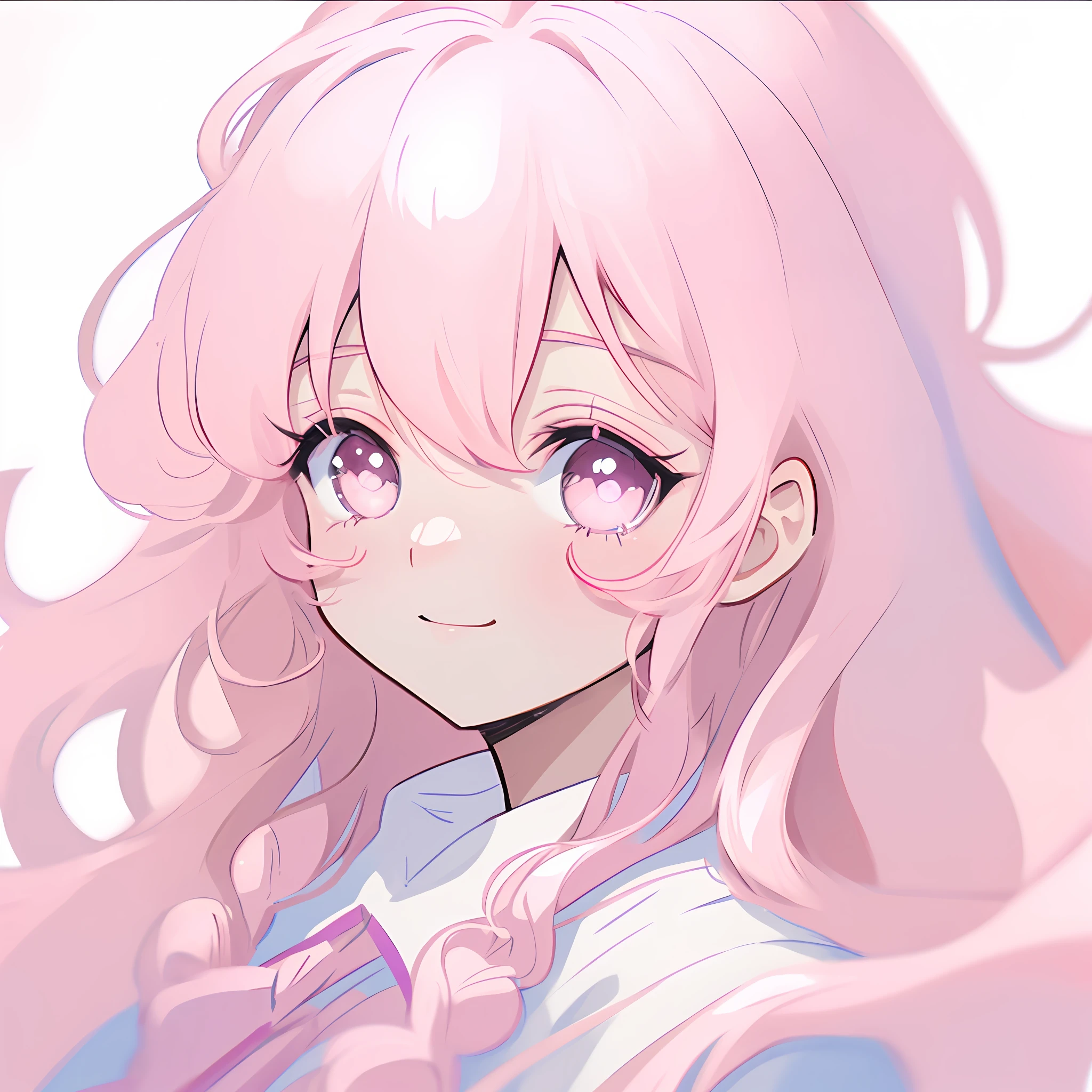 pink hair, anime, ghibli, anime style, close up, from side, first-person perspective, 8k, super detail, masterpiece,super detail, high quality, high resolution, high detail, white background, face detail, happiness, curly hair,