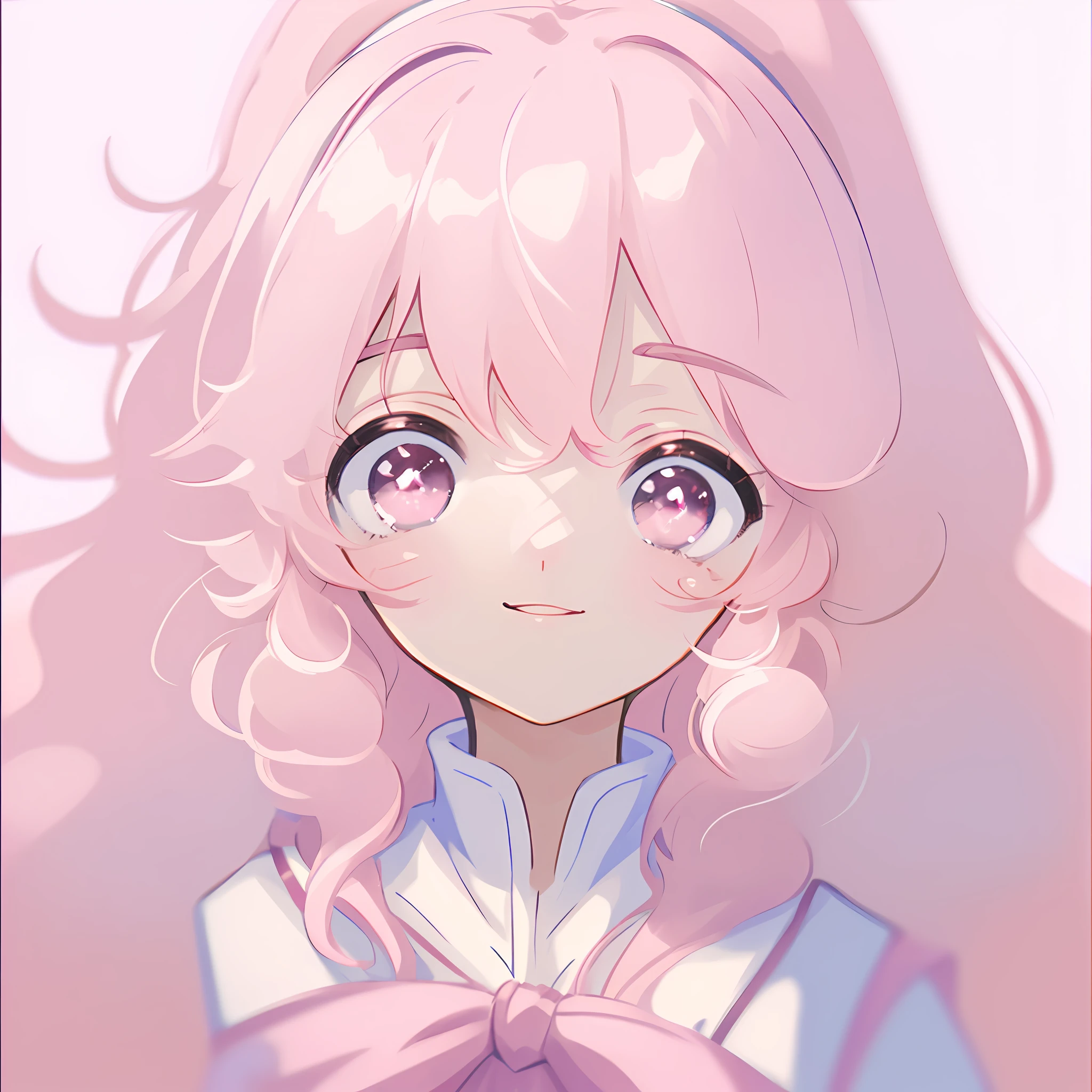 pink hair, anime, ghibli, anime style, close up, from side, first-person perspective, 8k, super detail, masterpiece,super detail, high quality, high resolution, high detail, white background, face detail, happiness, curly hair,