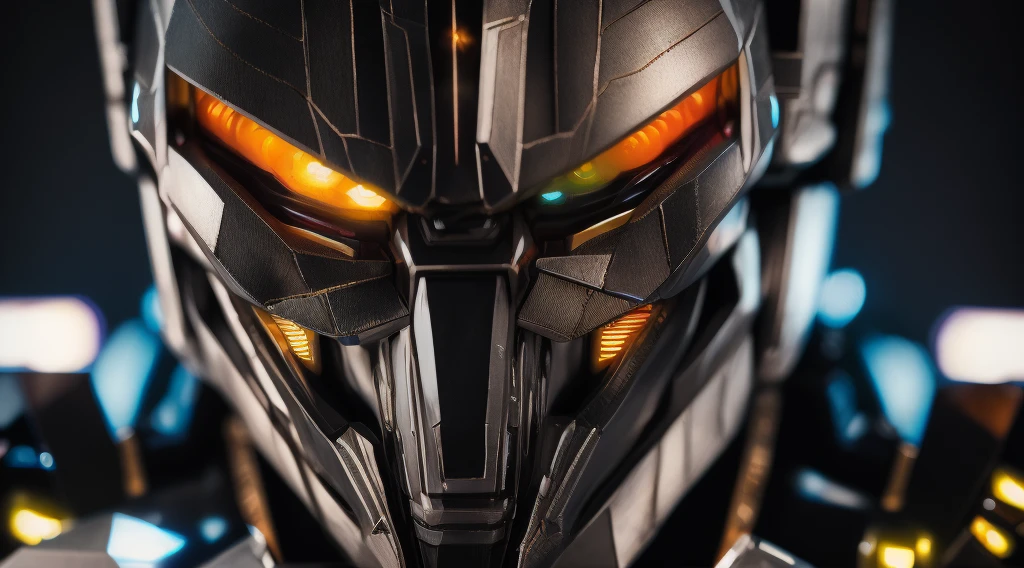 Transformers style robot face dark, demon with neon eyes, realistic photo, ultra detail, natural light, black background, photo, Studio lighting cinematic photography + dynamic composition, incredibly detailed, sharp, detail + intricate detail + professional lighting, film lighting + 35mm + anamorphic + lightroom + cinematography + bokeh + lens flare + film grain