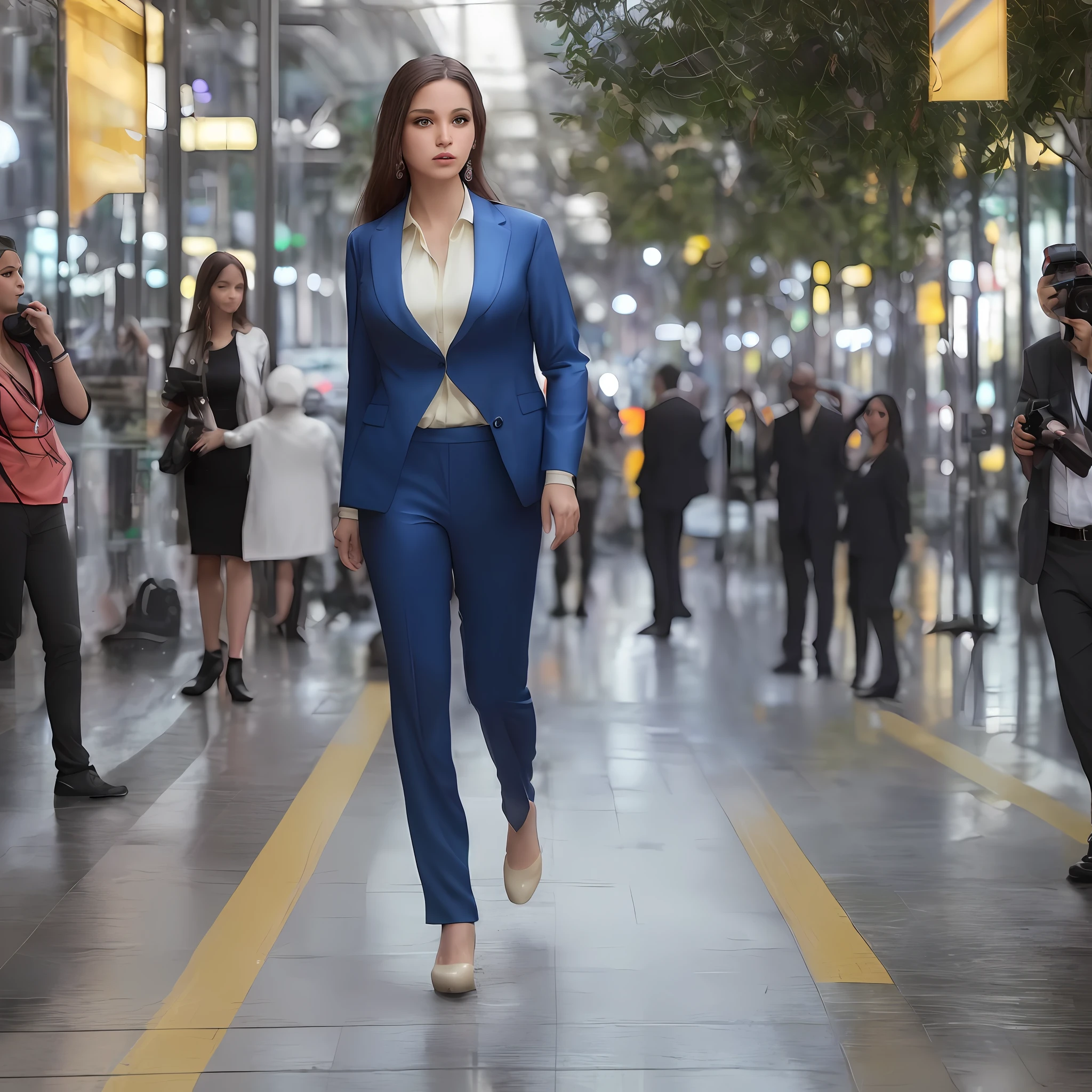 (8k, RAW photo, best quality, masterpiece: 1.2), (realistic, photorealistic: 1.37), 1 Brazilian woman, beautiful in suit standing on the sidewalk, urban landscape, many shops around, city center of Rio de Janeiro, cars on the street, VLT tracks, train and subway stations, day, sunny morning, wet floor, professional lighting, photon mapping, radiosity,  Brazilian woman, shirt, woman in suit, silk suit.