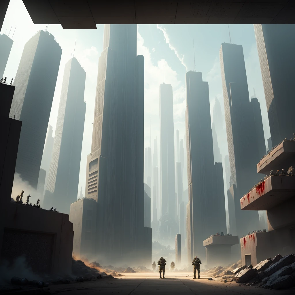 [(lost futuristic city scene full of dangers),(2 men),(camouflaged clothes),(soldiers shooting),(traps),(destruction),(blood),(enemies)]